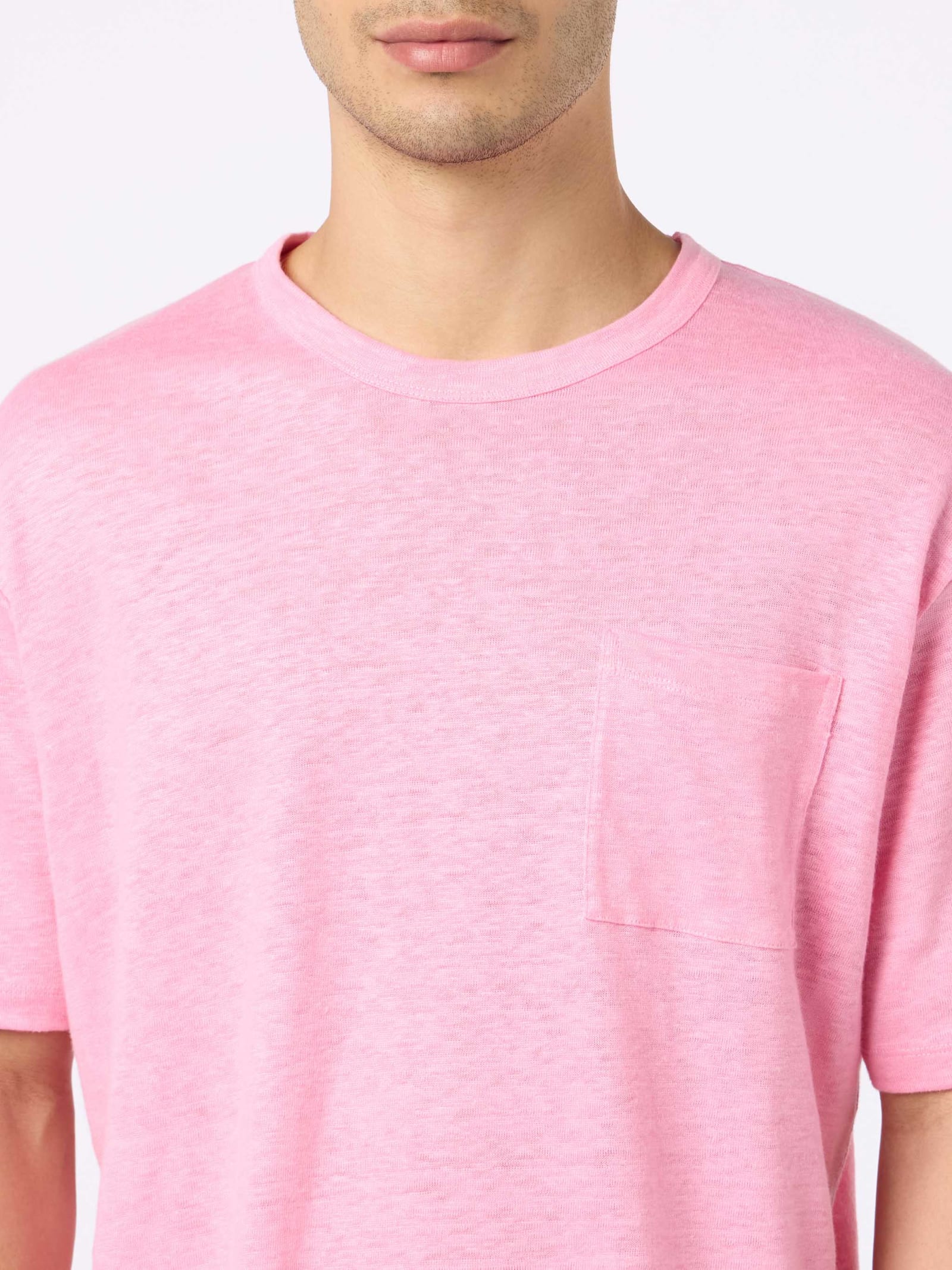 Mc2 Saint Barth Man Pink Linen Jersey T-shirt Ecstasea With Pocket In Pink