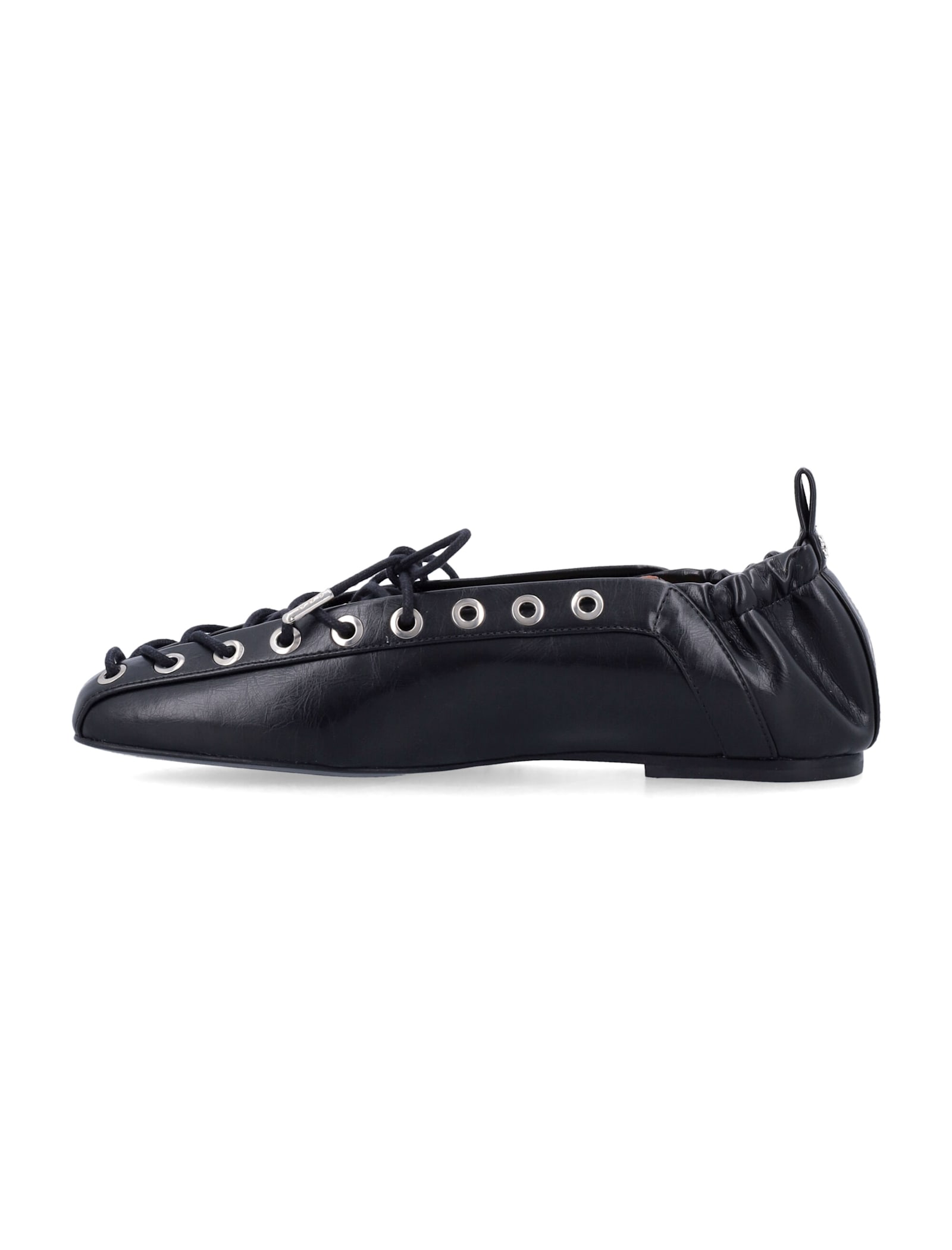 Ganni Eyelets Lace Up Ballerina Crinkle Oleatex In Black