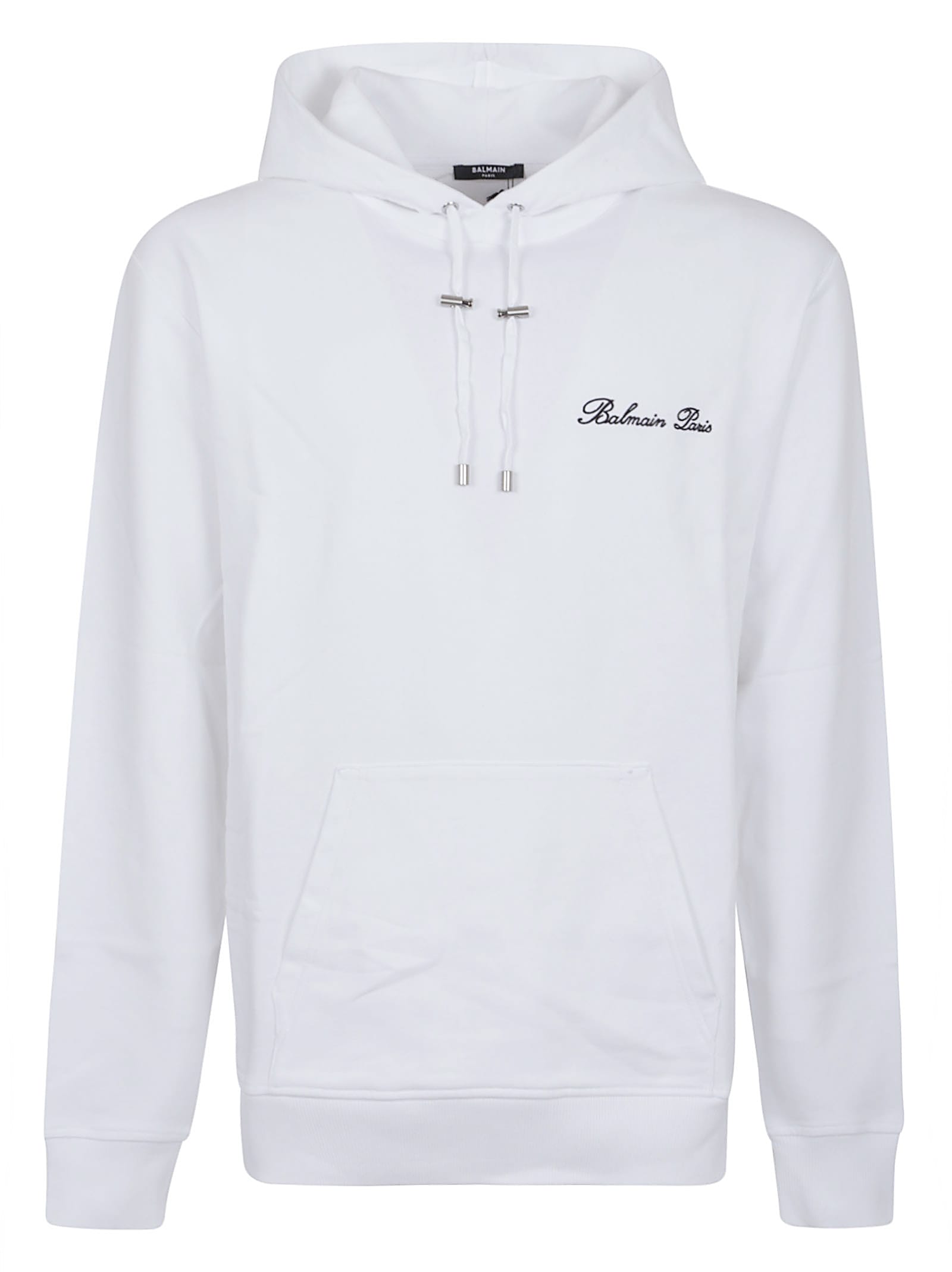 Balmain Cotton Sweatshirt With Adjustable Drawstring Hood And Iconic Embroidery In White