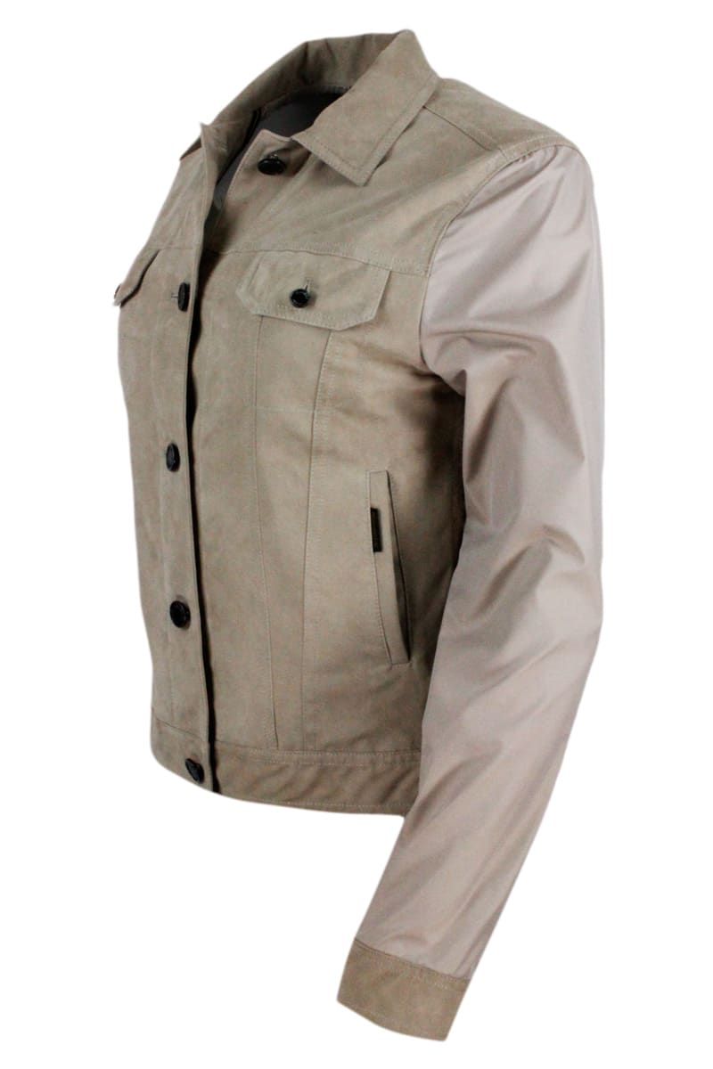 Shop Moorer Windproof Lightweight Nylon Jacket With Soft Suede Front With Chest Pockets In Beige