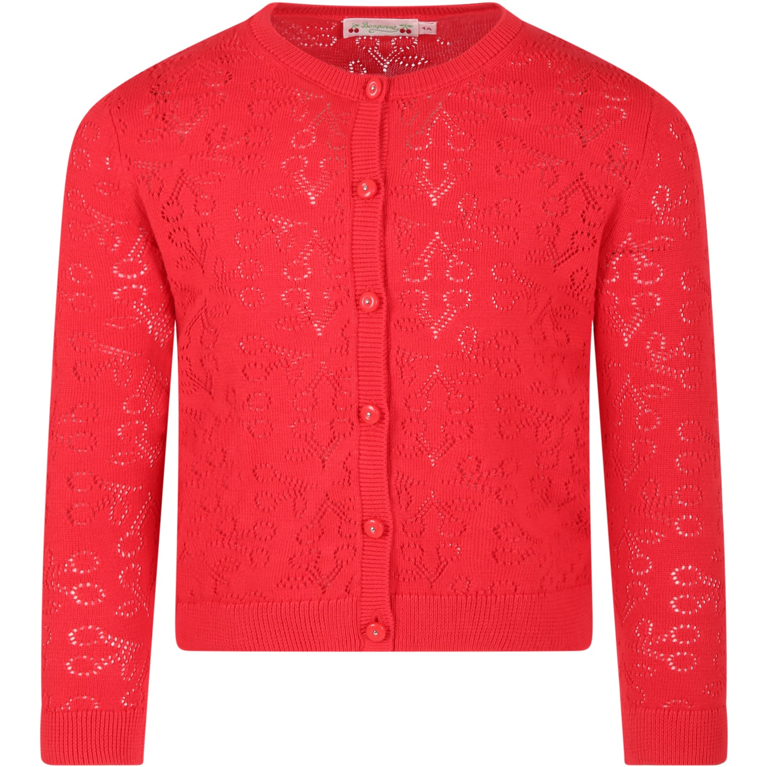 BONPOINT RED CARDIGAN FOR GIRL WITH ICONIC CHERRIES ALL-OVER