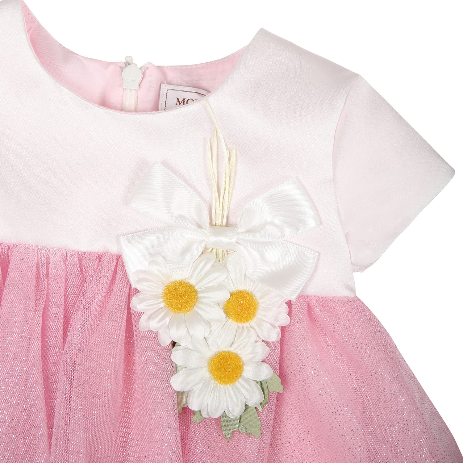 Shop Monnalisa Pink Dress For Baby Girl With Daisies And Lurex