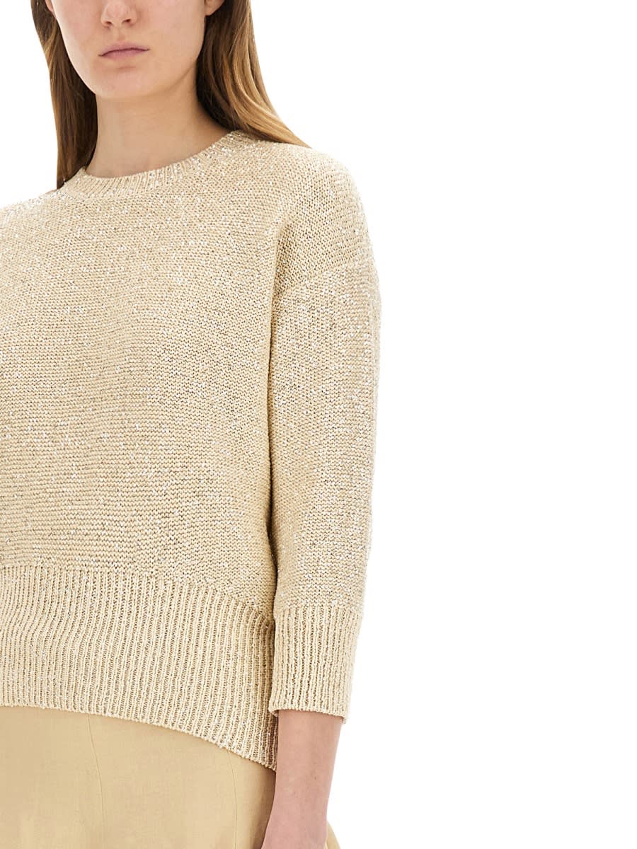 Fabiana Filippi Three-quarter Sleeve Cotton Jersey Top With Ribbed Hem In Powder