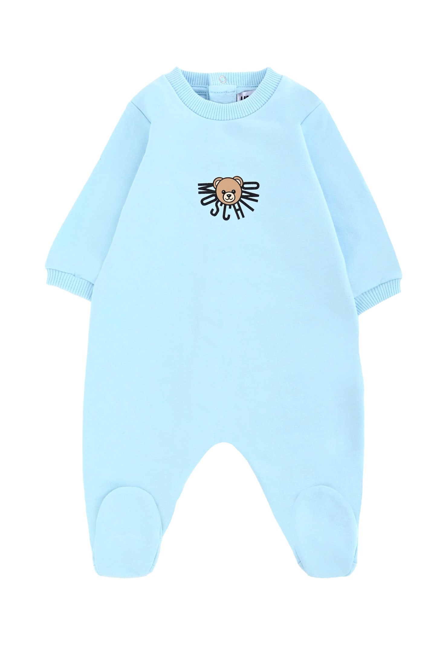 Moschino Light Blue Babygrow For Baby Boy With Teddy Bear In Blue