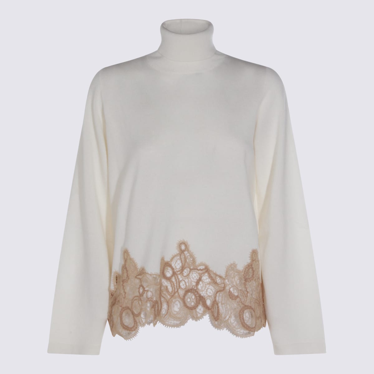 Fabiana Filippi Long Sleeve Turtleneck Knitwear With Lace Hem In Neutral