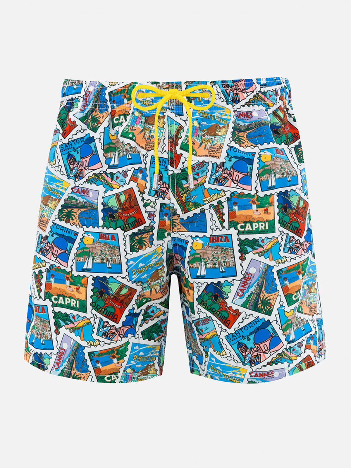 Shop Mc2 Saint Barth Man Mid-length Gustavia Swim-shorts With Postcard Mix Print Alessandro Enriquez Special Edition In White