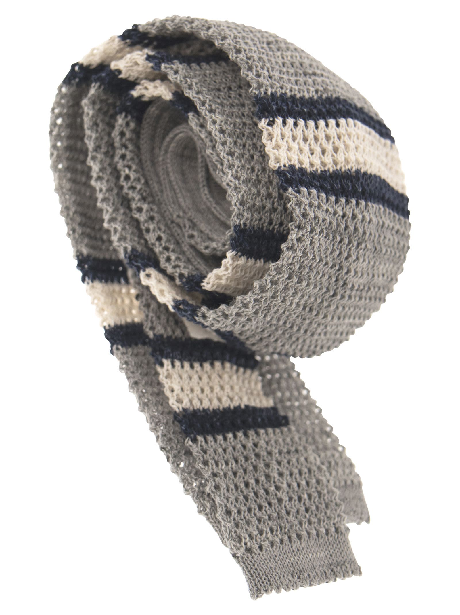 Brunello Cucinelli Cotton-linen Stripe Knit Tie In Grey