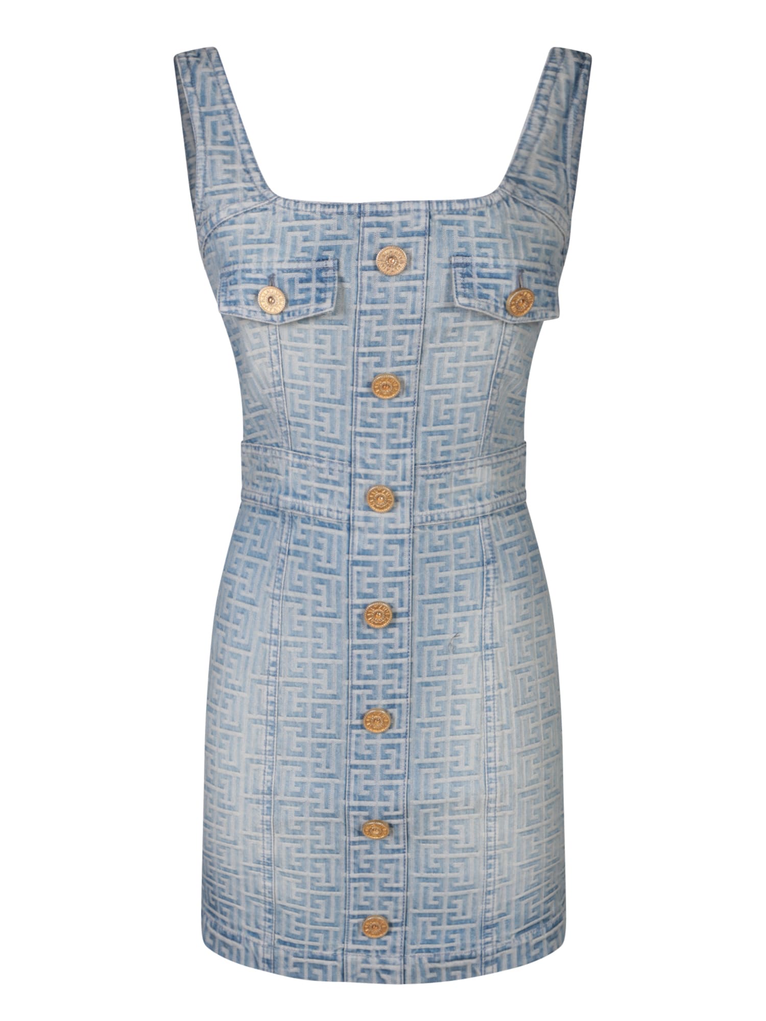 Shop Balmain Blue Denim Mini Dress With All-over Logo