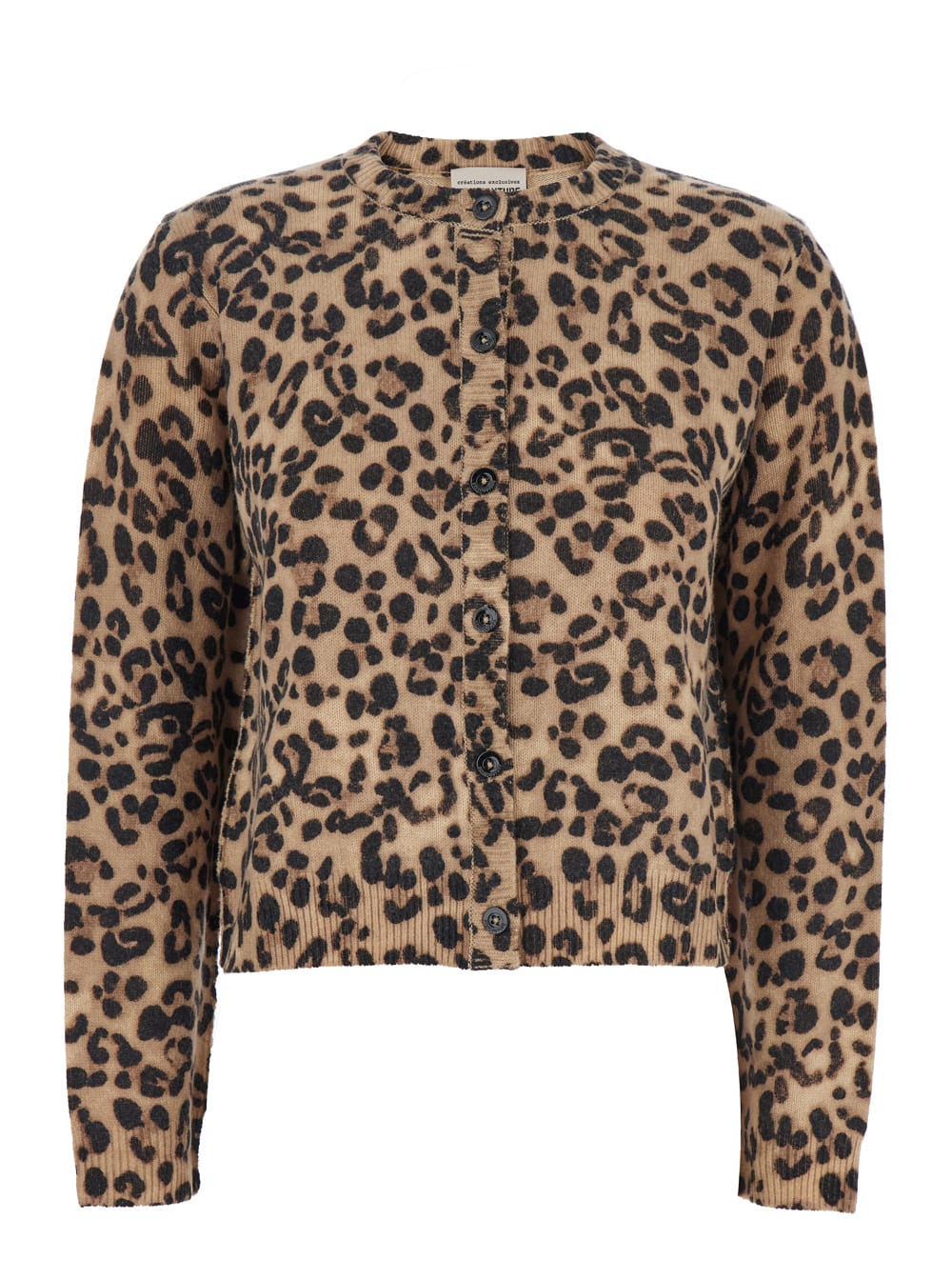 Brown Crewneck Cardigan With All-over Leopard Motif In Wool And Cashmere Woman