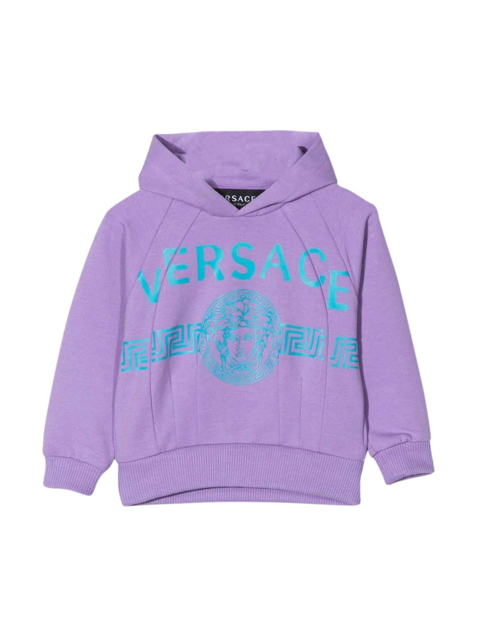 Versace Purple Sweatshirt With Hood And Light Blue Print Kids