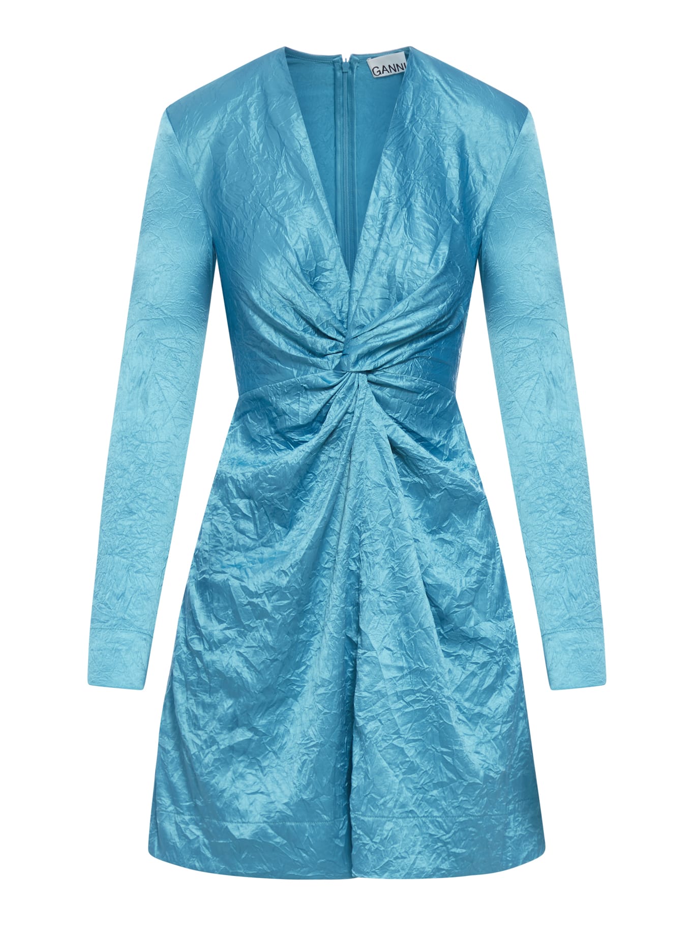 Shop Ganni Crinkled Satin Gathered Knot Mini Dress In Algiers Blue