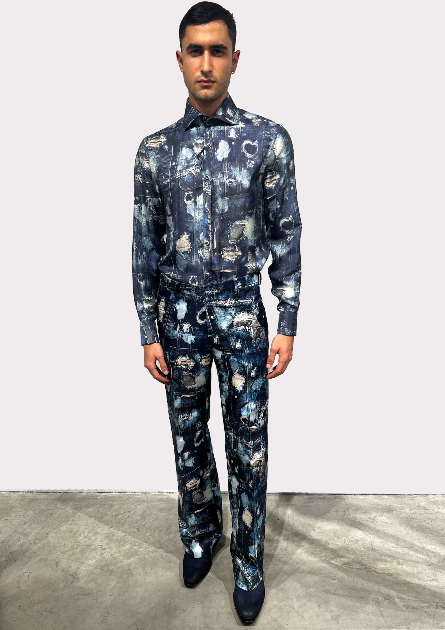 Shop John Richmond Shirt In Silk With Runway Iconic Pattern In Fantasia Denim