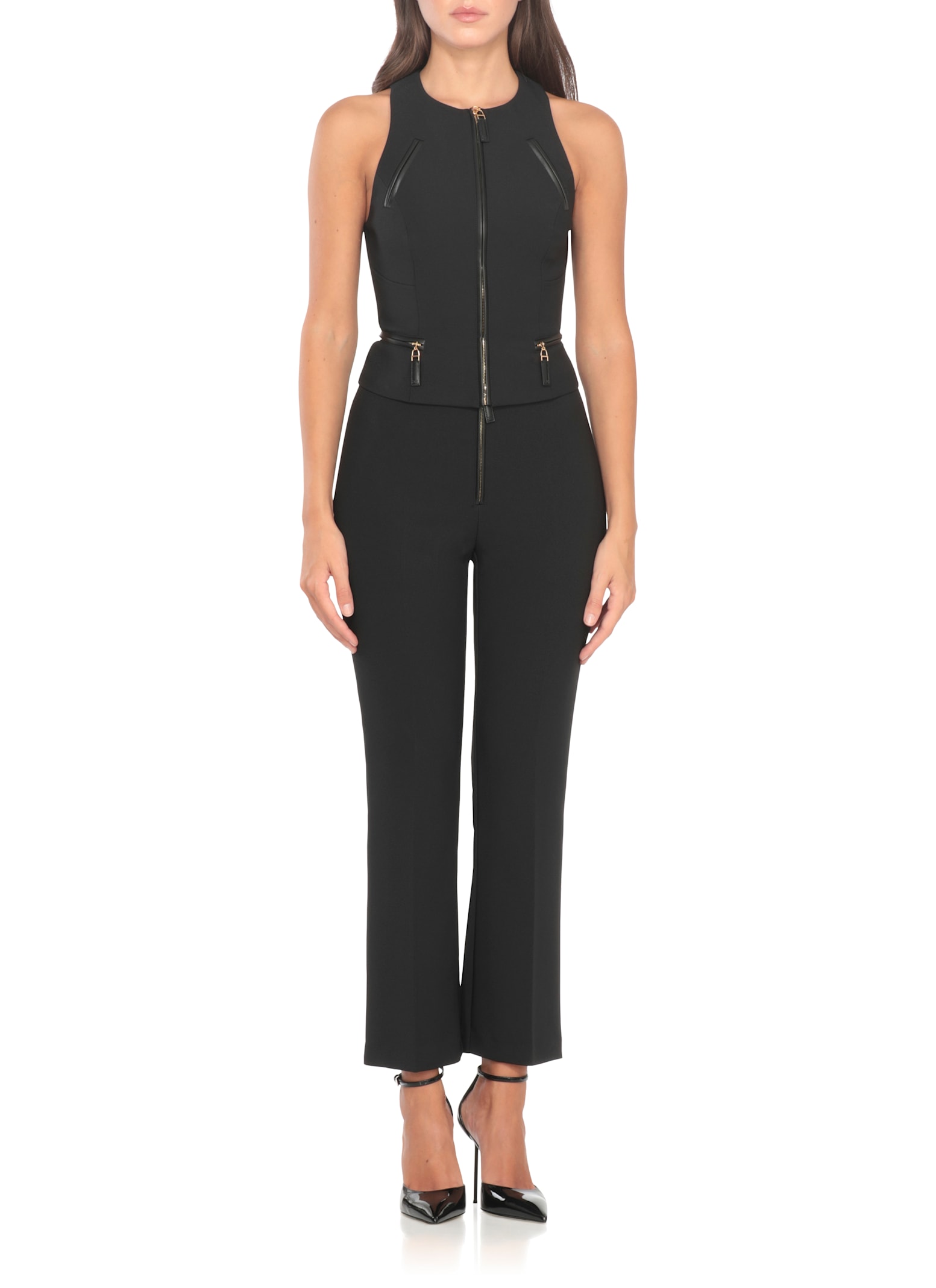 Elisabetta Franchi Double Crepe Top With Black Zip Details In Multi