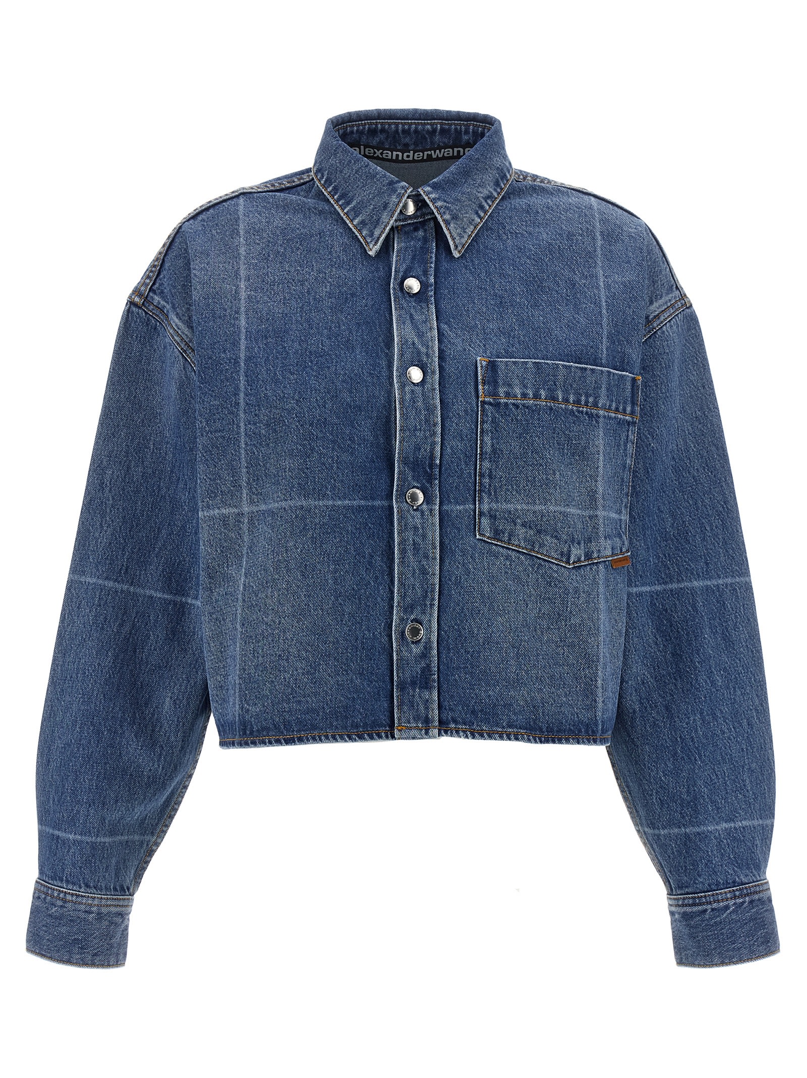 Alexander Wang Cropped Heavy Cotton Denim Shirt With Geometric Fading In Blue