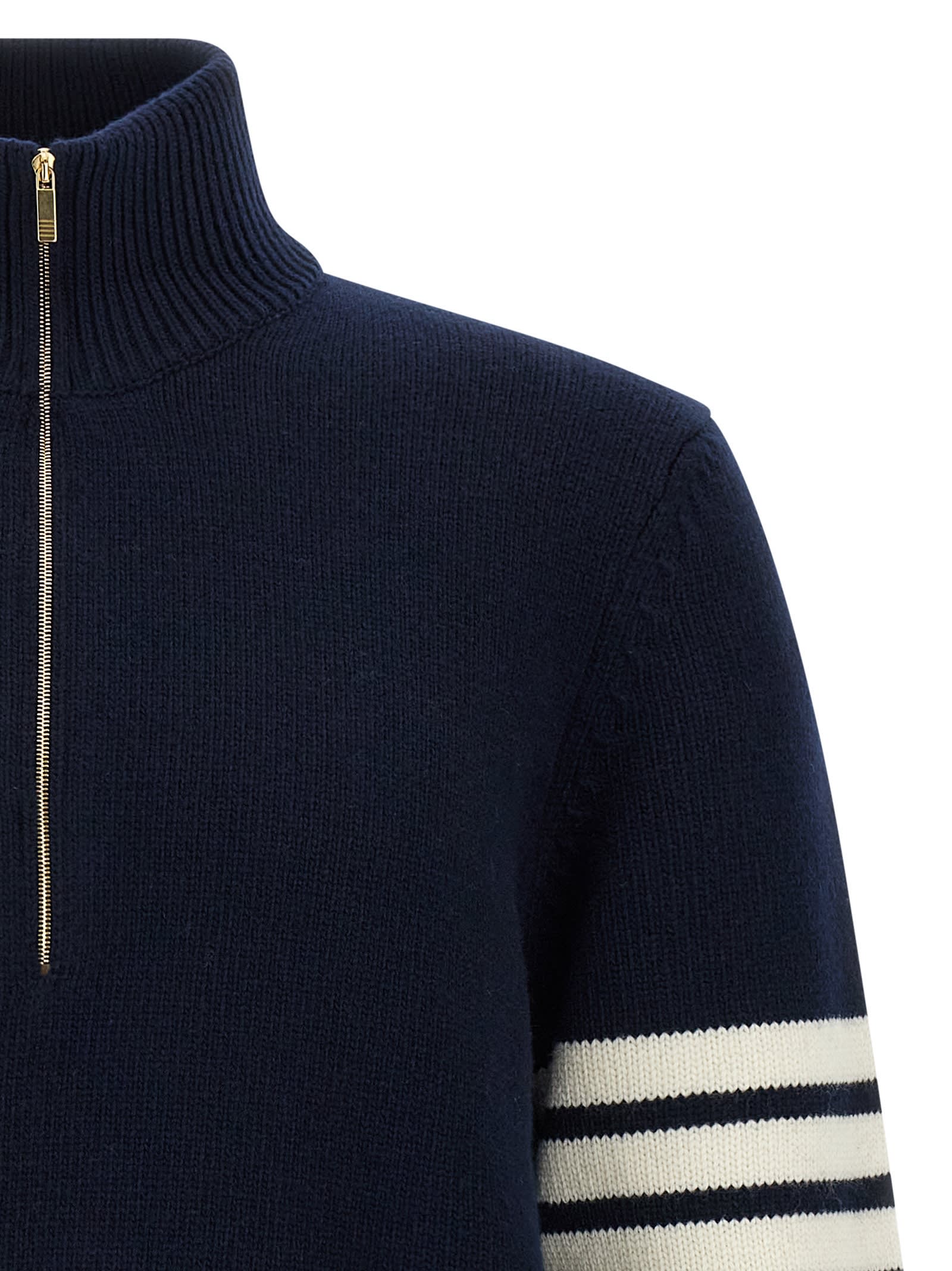 Thom Browne Jersey Stitch Funnel Neck Half Zip Pullover In Merino Wool With 4 Bar Stripe Clothing In Blue