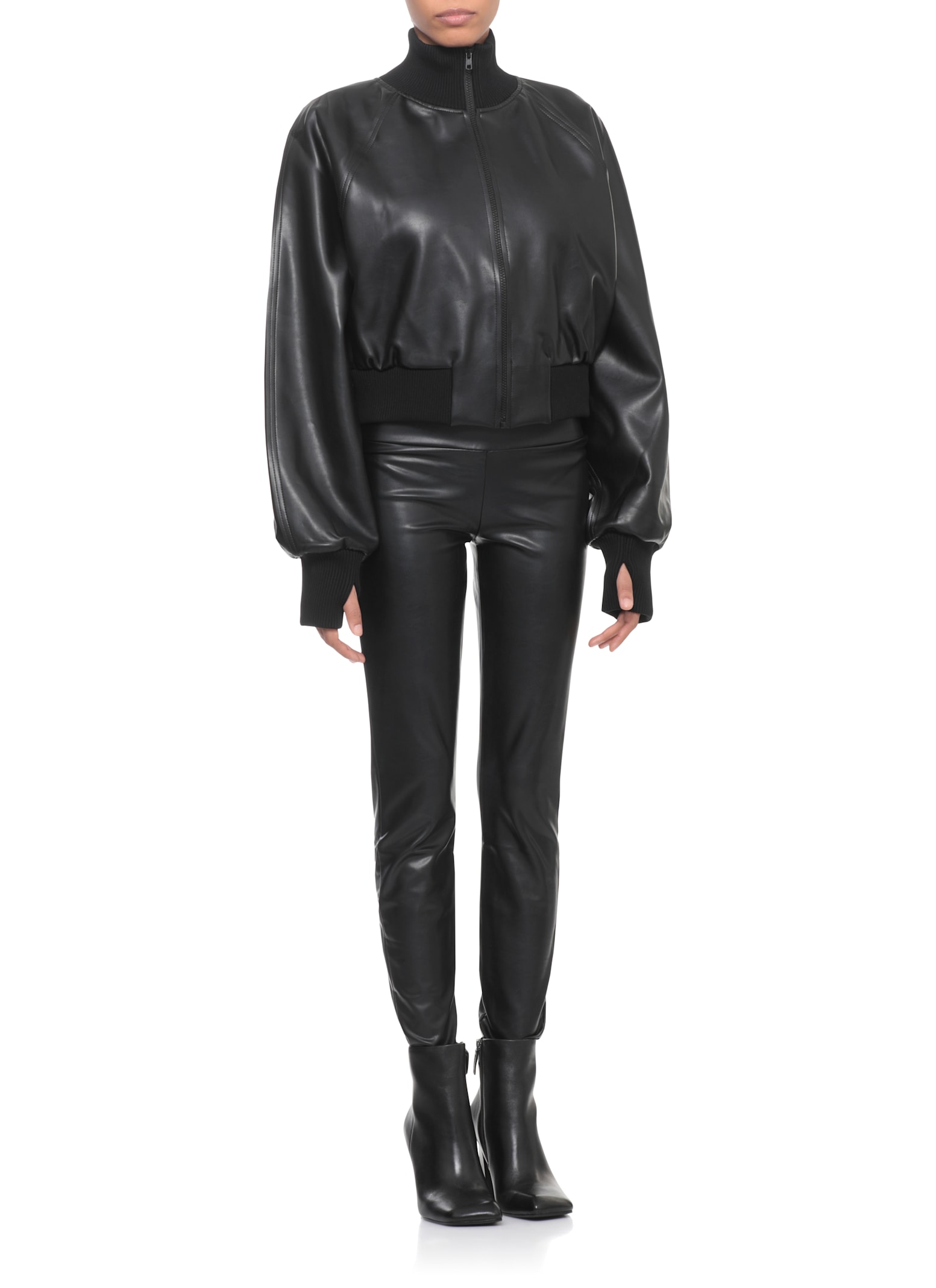 Norma Kamali Cropped Synthetic Leather Long Sleeve Jacket In Black