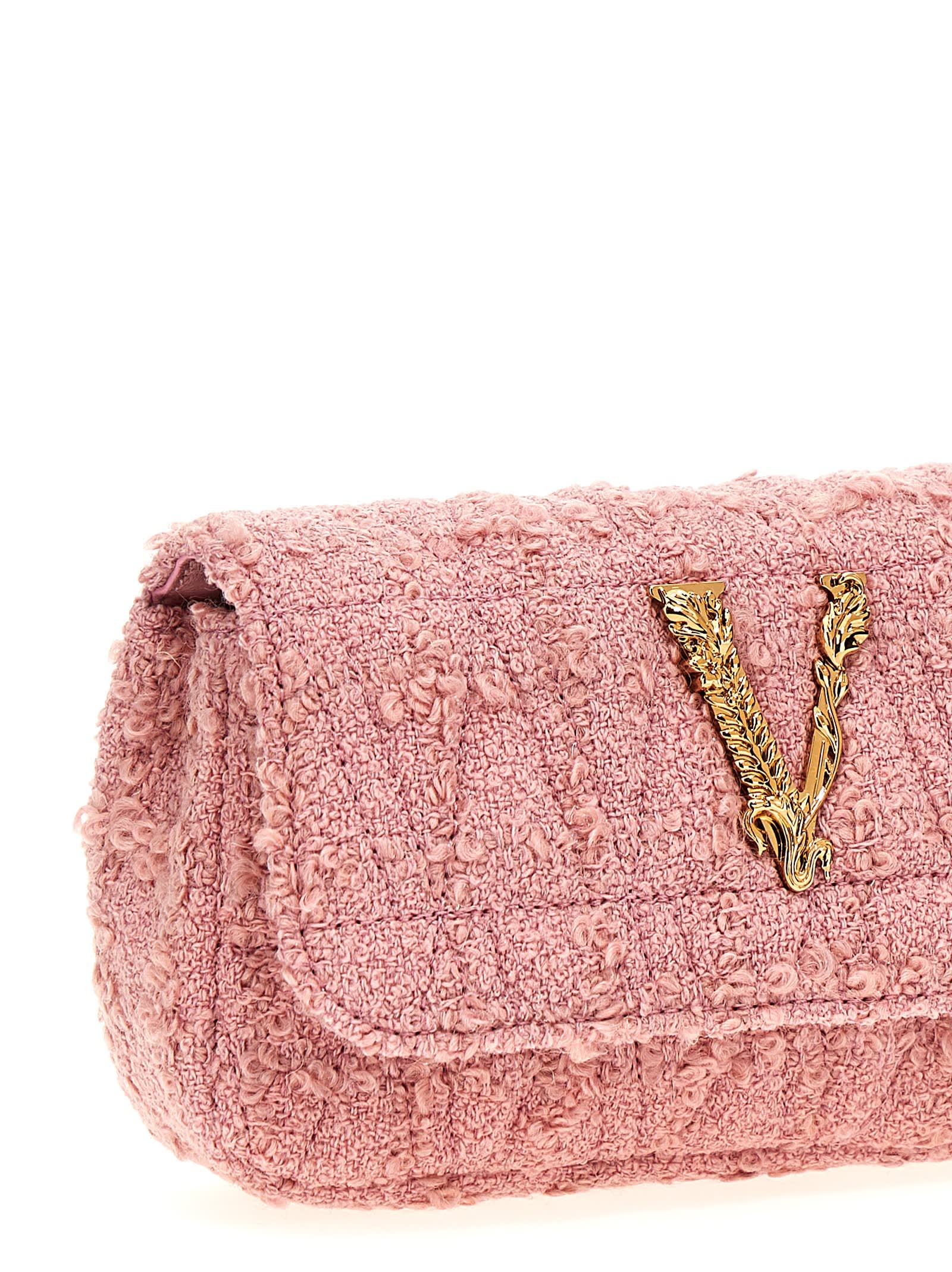 Shop Versace Logo Tweed Crossbody Bag In Pink