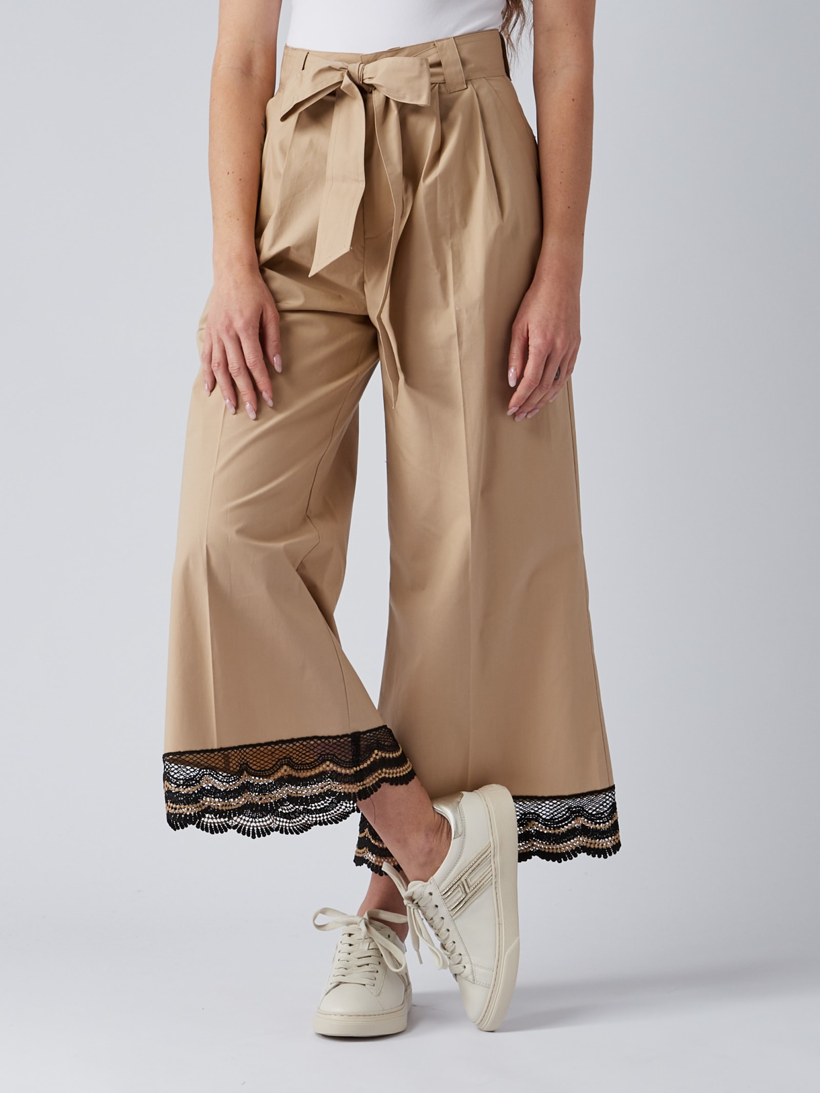 Twinset Lace-trim Wide-leg Trousers In Beige-nero