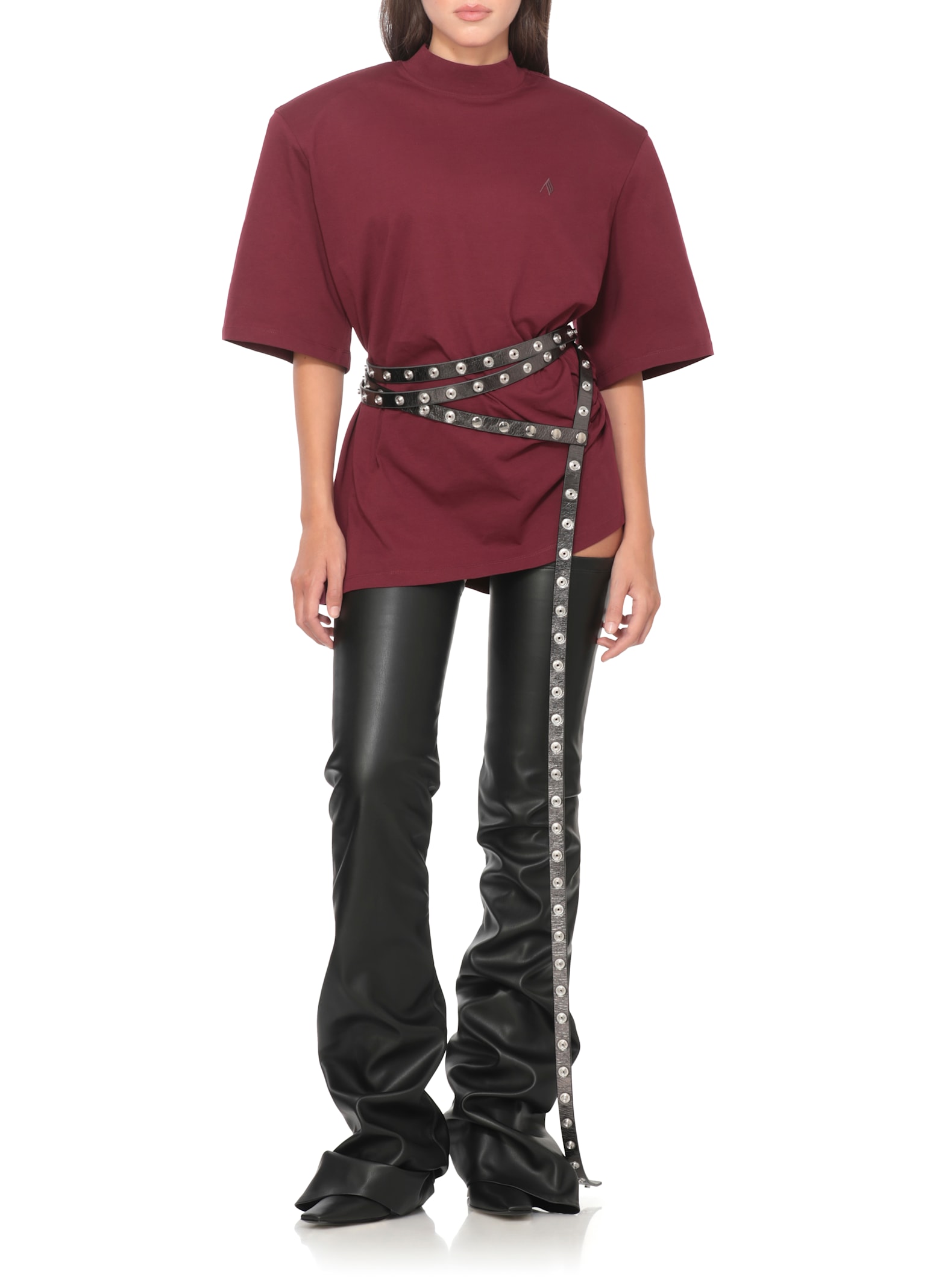 Attico Crewneck Mock Neck Logo Embroidered Top In Burgundy