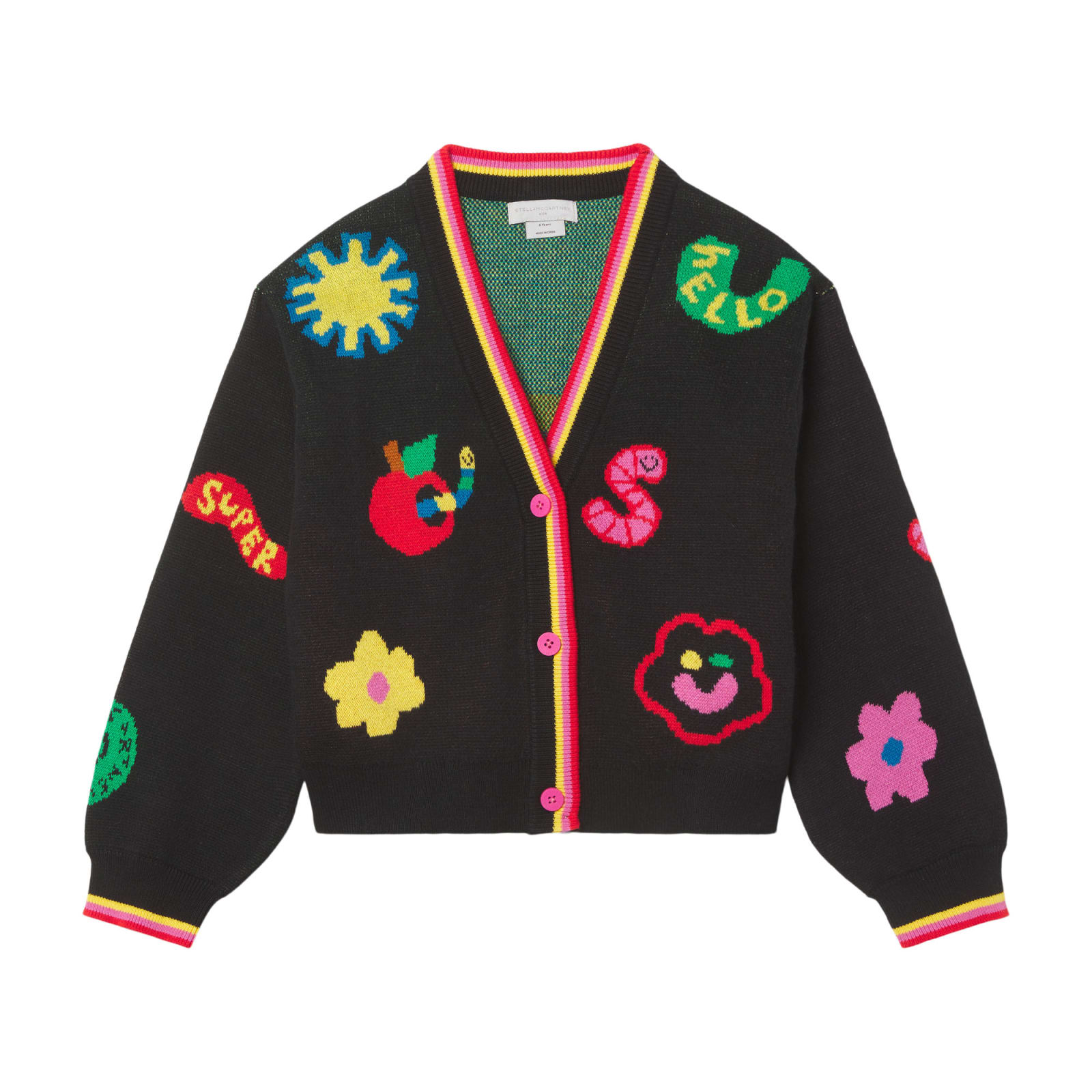 STELLA MCCARTNEY KIDS BLACK WOOL AND COTTON CARDIGAN WITH MULTICOLOR INLAYS
