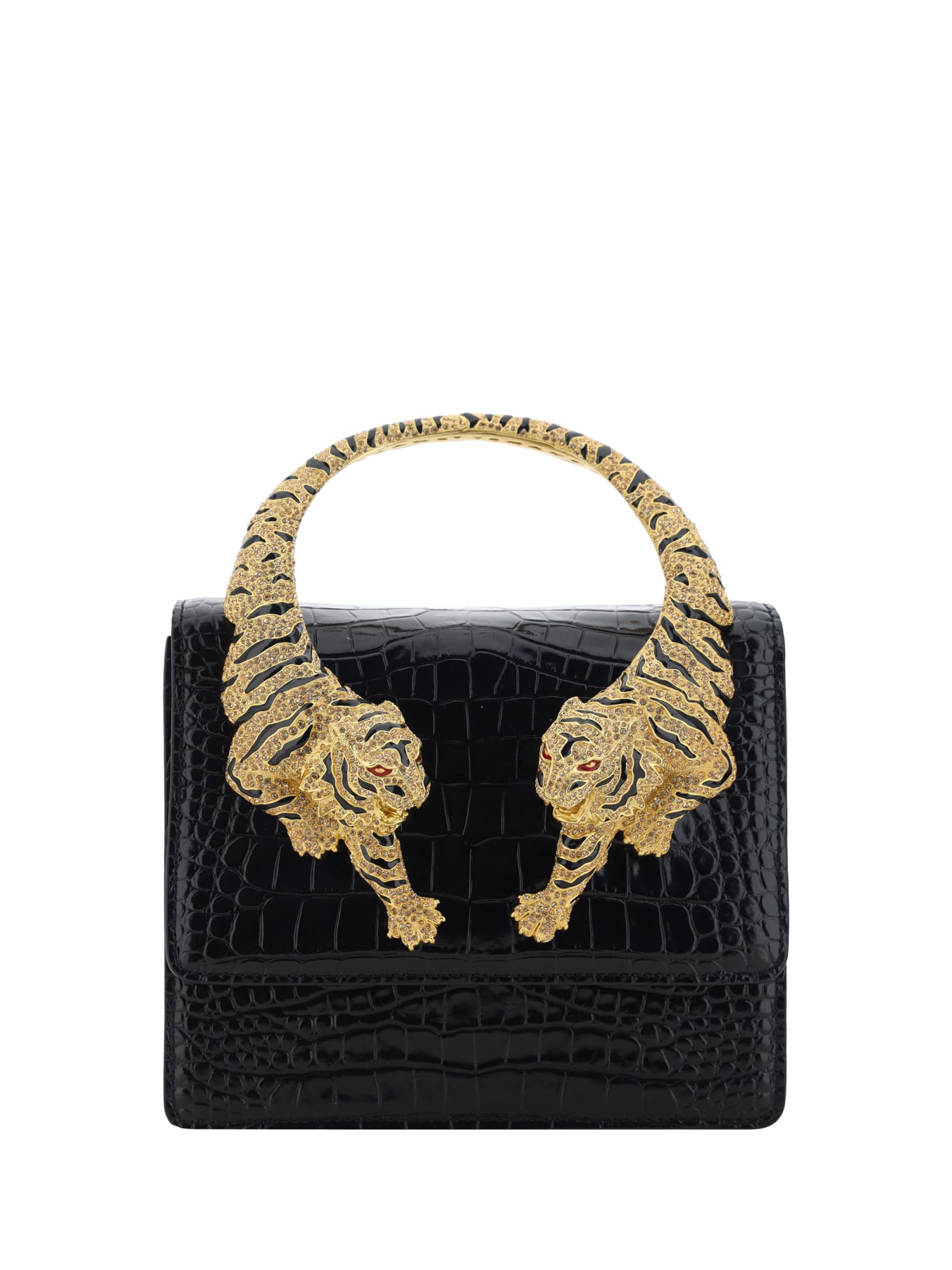 Roberto Cavalli Black Large Roar Shoulder Bag With Jewelled Tigers