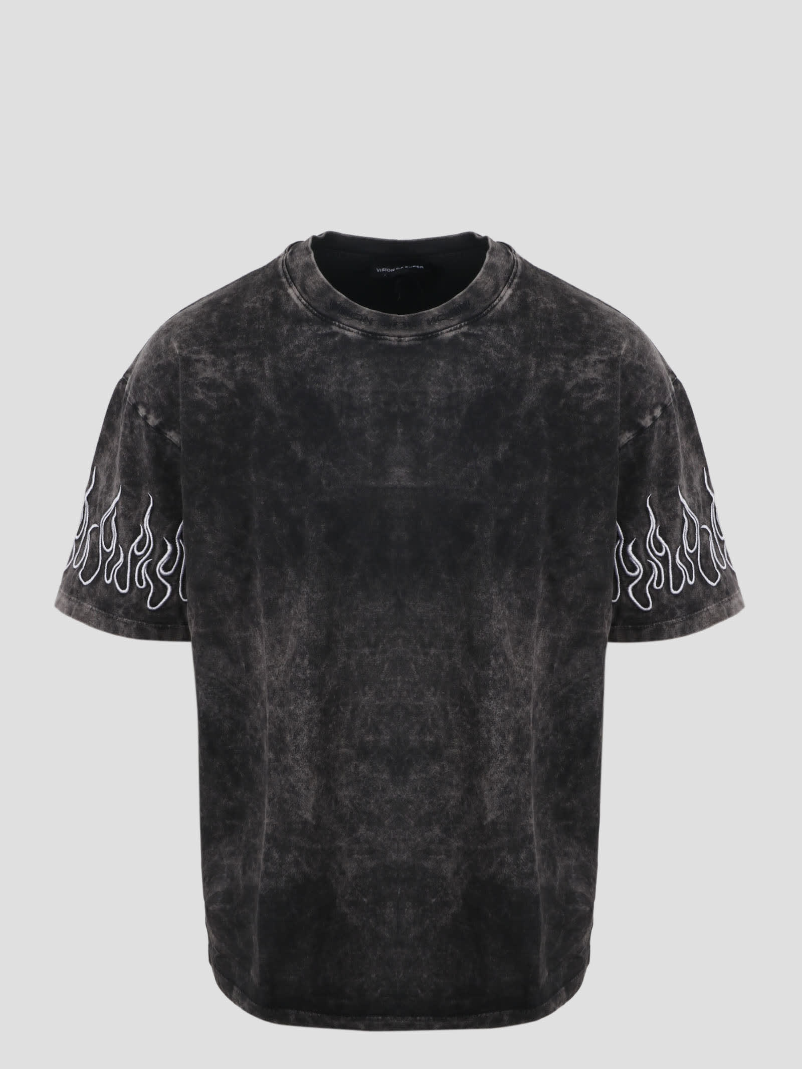 Vision of Super Embroidered Flames Stone-washed T-shirt