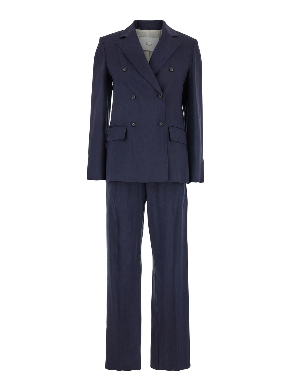 Blue Double-breasted Suit With Notched Revers In Linen And Viscose Stretch Blend Woman