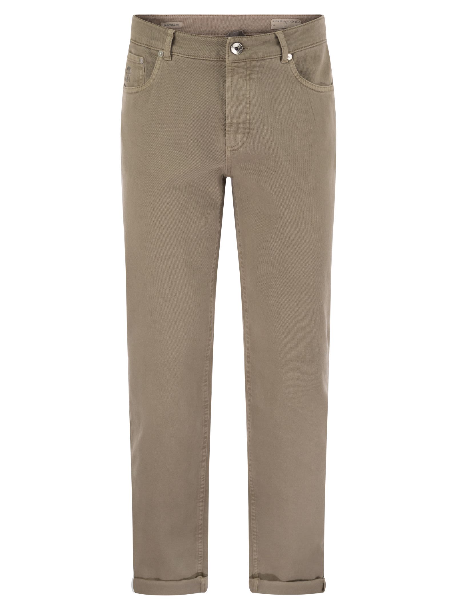 Shop Brunello Cucinelli Five-pocket Traditional Fit Trousers In Light Comfort-dyed Denim In Beige