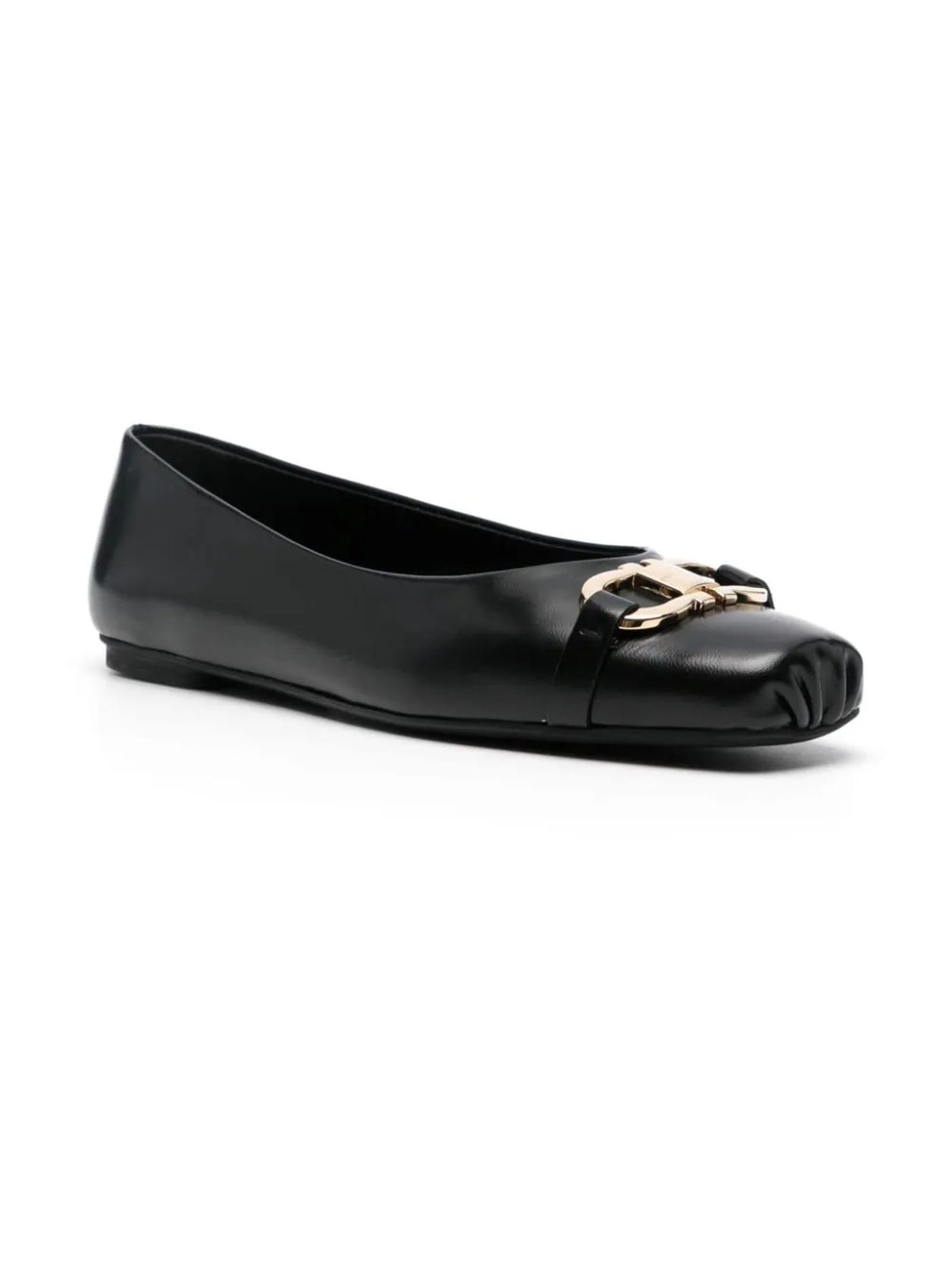 Shop Ferragamo Black Calf Leather Ballet Flats