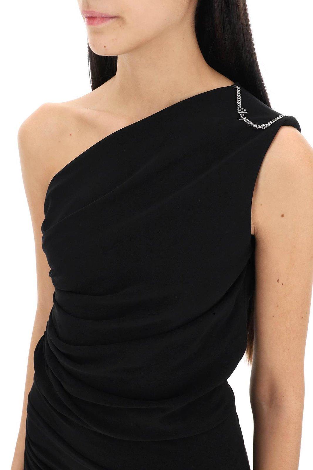 Shop Dsquared2 Ruched One Shoulder Chain Link Detailed Dress In Black