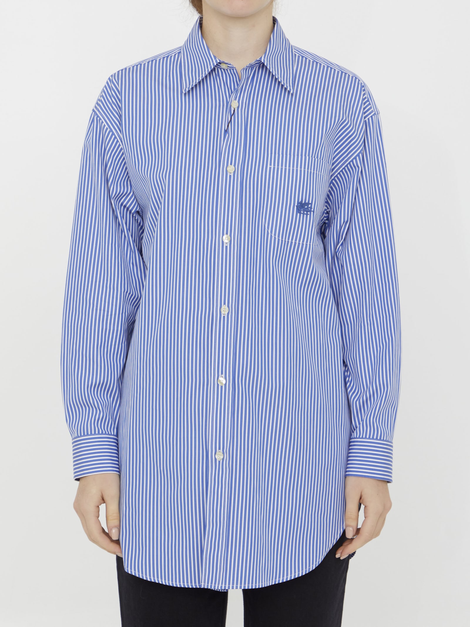 Etro Striped Cotton Oversized Shirt In Blue