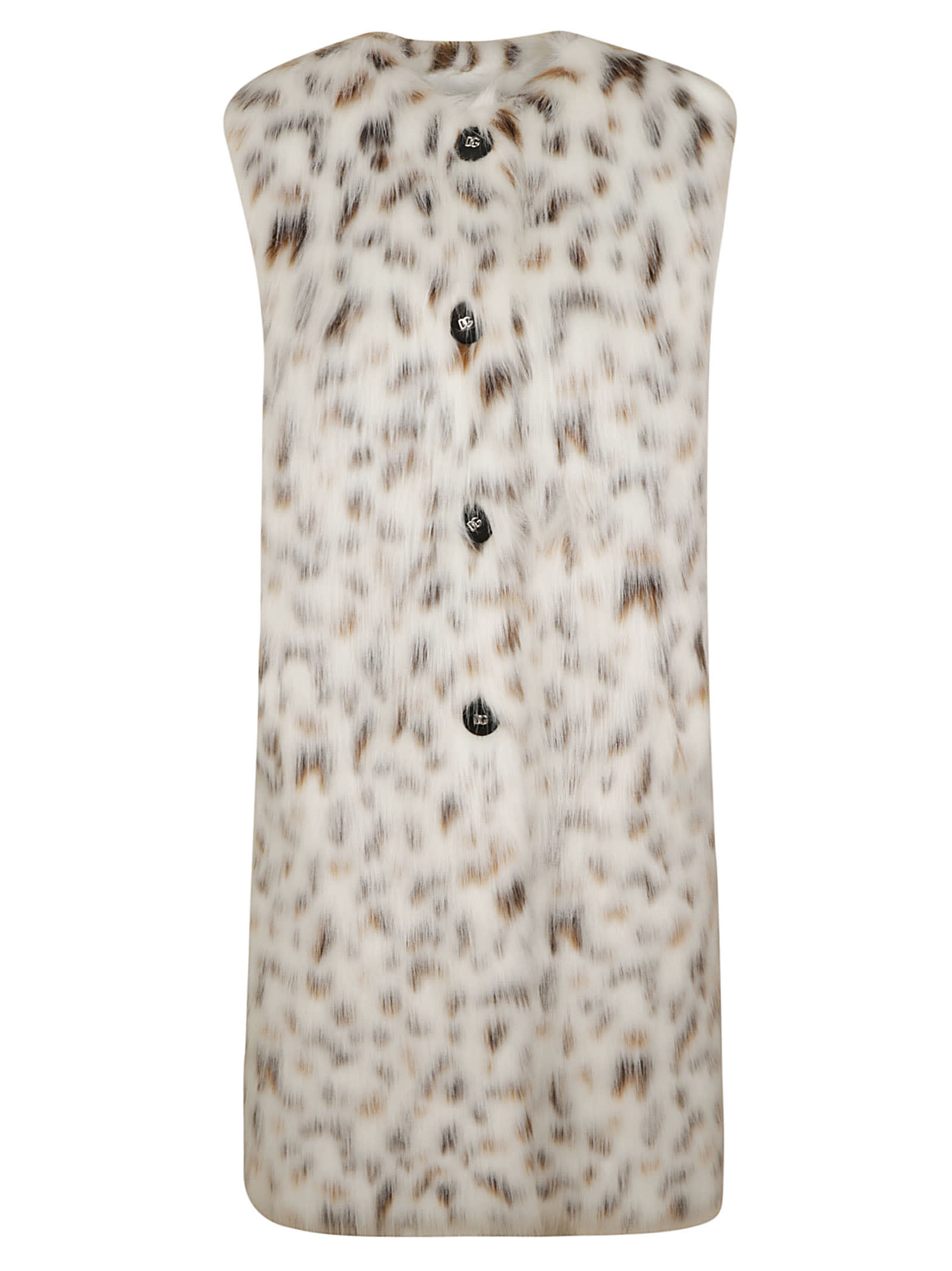 Dolce & Gabbana Animalier Print Fur Embellished Sleeveless Coat