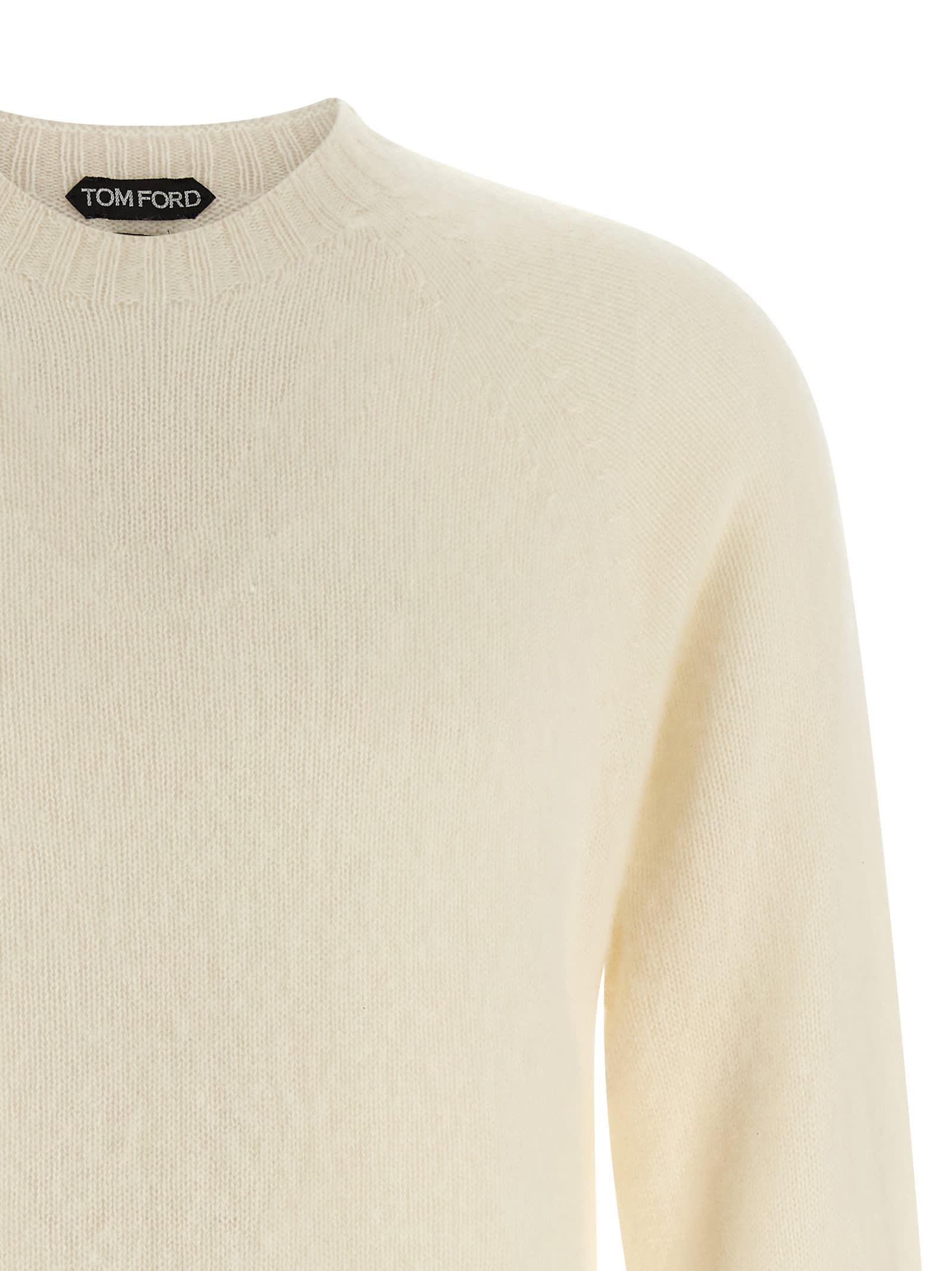Tom Ford Crew Neck Cashmere Sweater With Ribbed Cuffs And Hem In Neutral