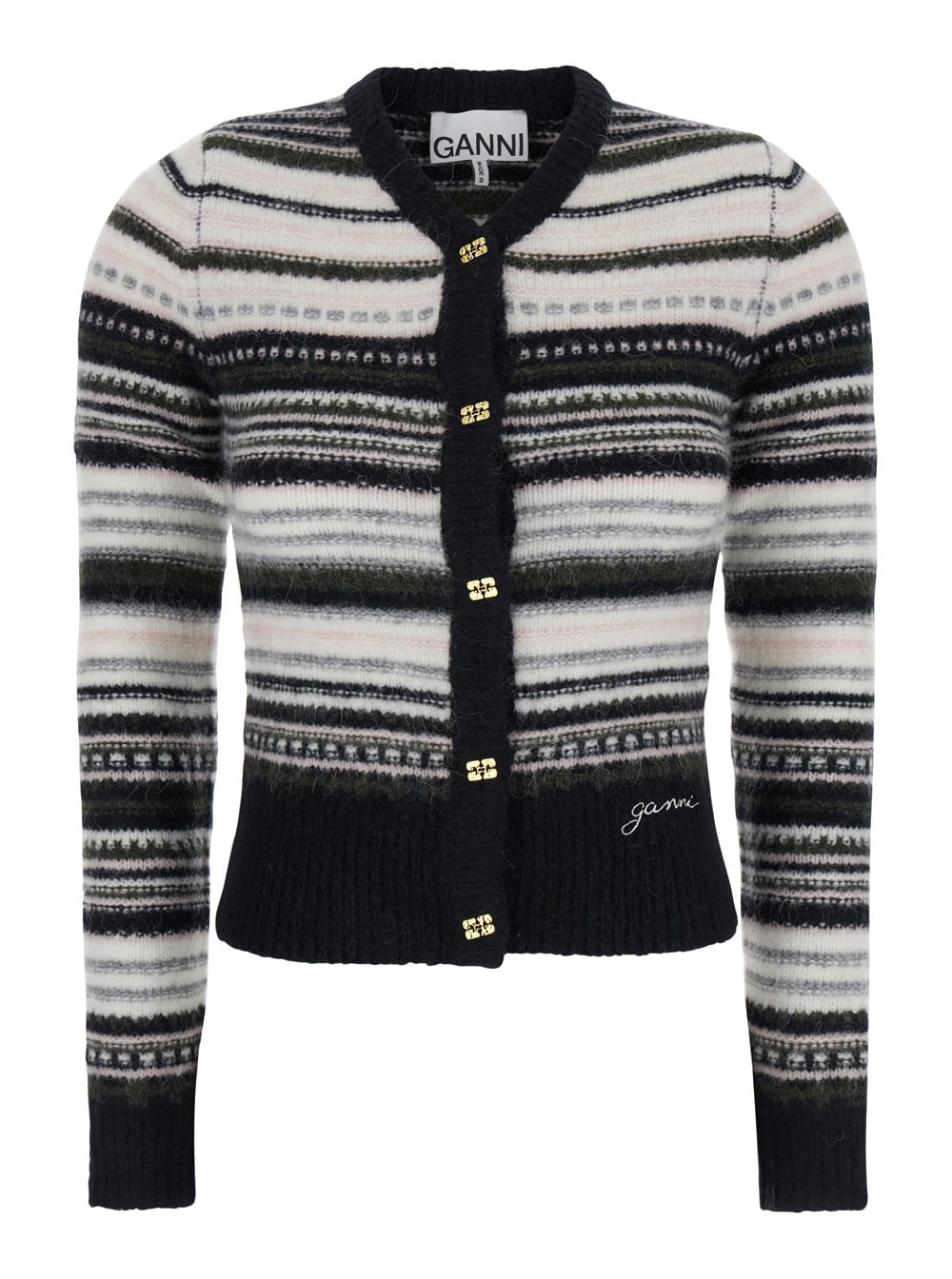 Shop Ganni Soft Wool Stripe Cardigan In Black