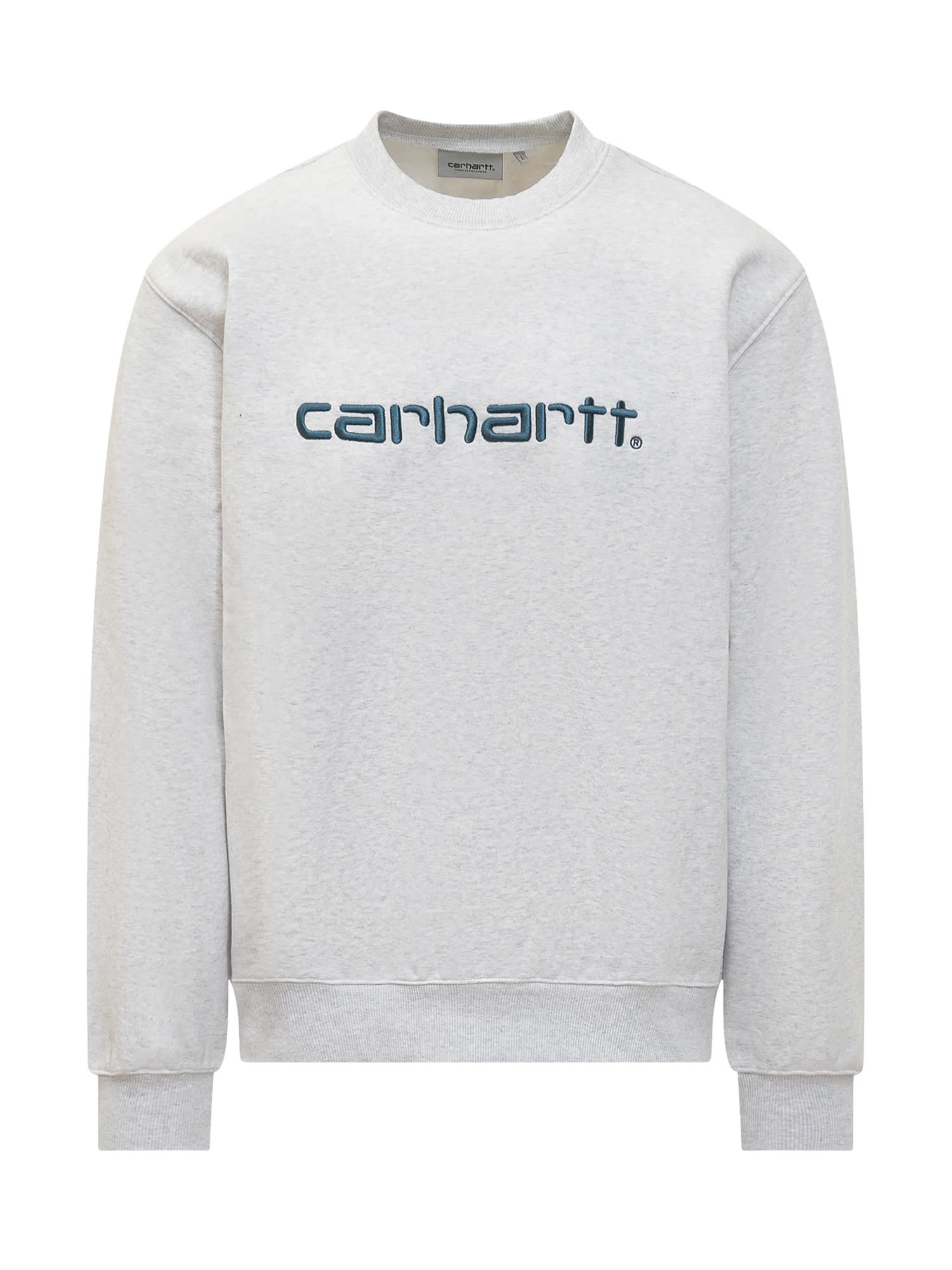 Shop Carhartt Logo Sweatshirt In Ash Heather/duck Blue