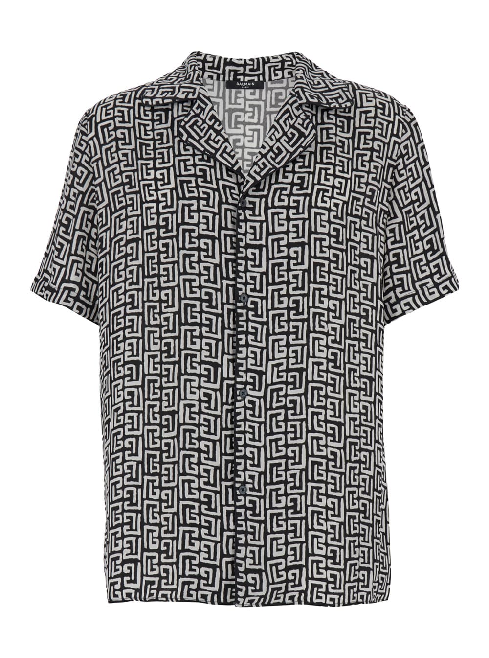 Shop Balmain Black And White Bowling Shirt With All-over Monogram In Cupro Man