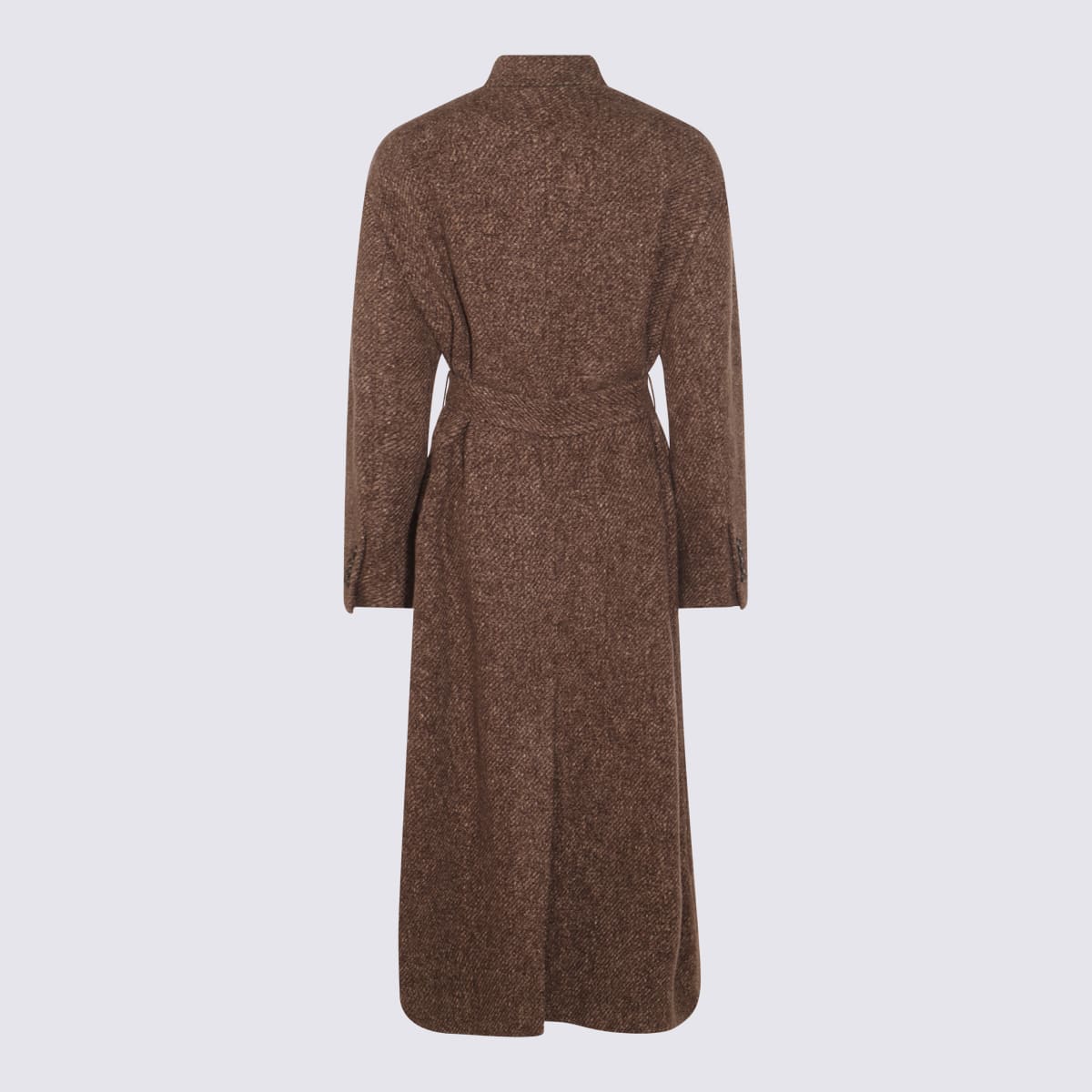 Brunello Cucinelli Waist Belted Long Length Textured Fabric Coat In Brown