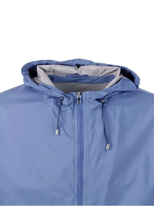 Shop Barba Napoli Lightweight Bomber Jacket In Windproof Technical Fabric With Hood With Zip Closure And Knitted Cuffs In Blu Light