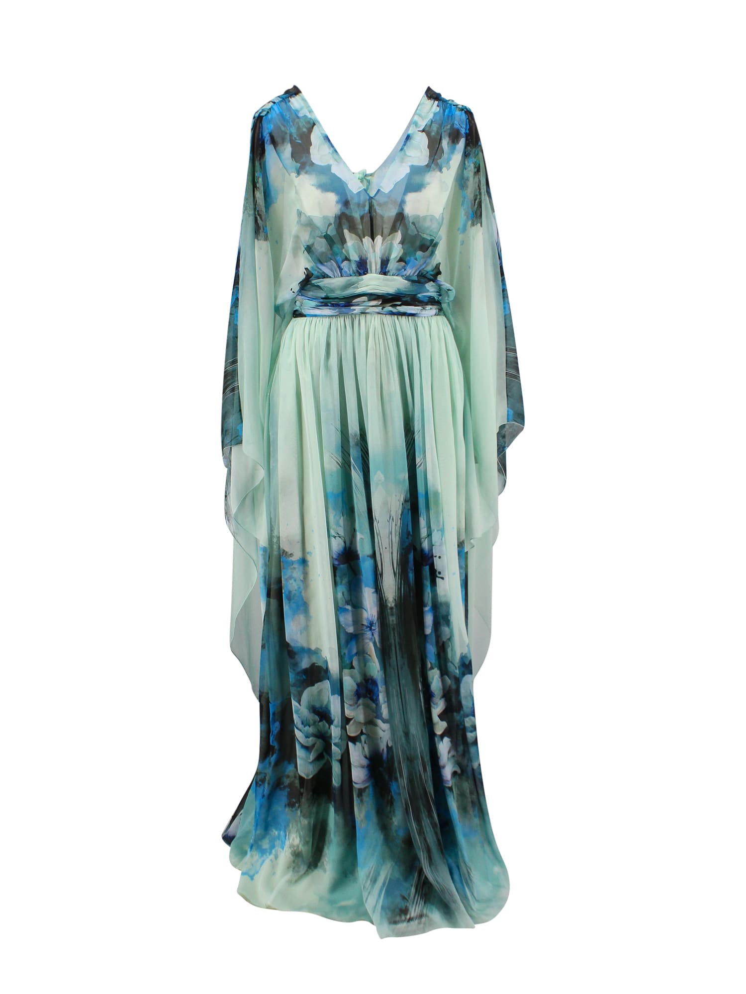 Alberta Ferretti Floral Silk V-neck Gown In Fantasy Print Light Blue