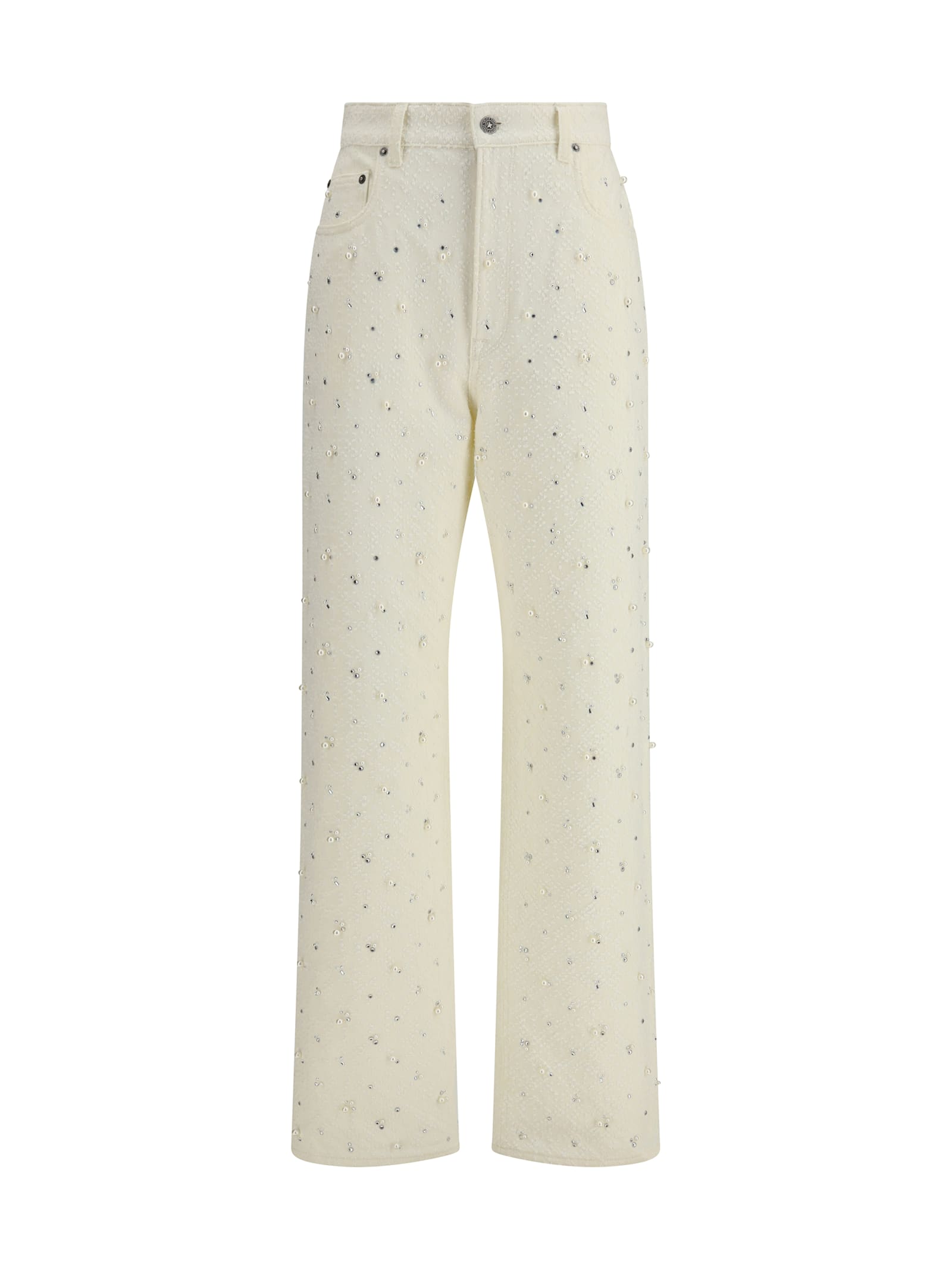 Golden Goose Women White Denim Pearl And Crystal Embroidered Pants In White