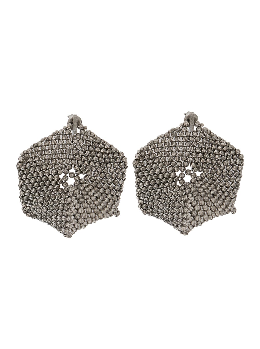 Brunello Cucinelli Metallic Hexagonal Earings With Beads Embellishments In Silver Woman In Metallic
