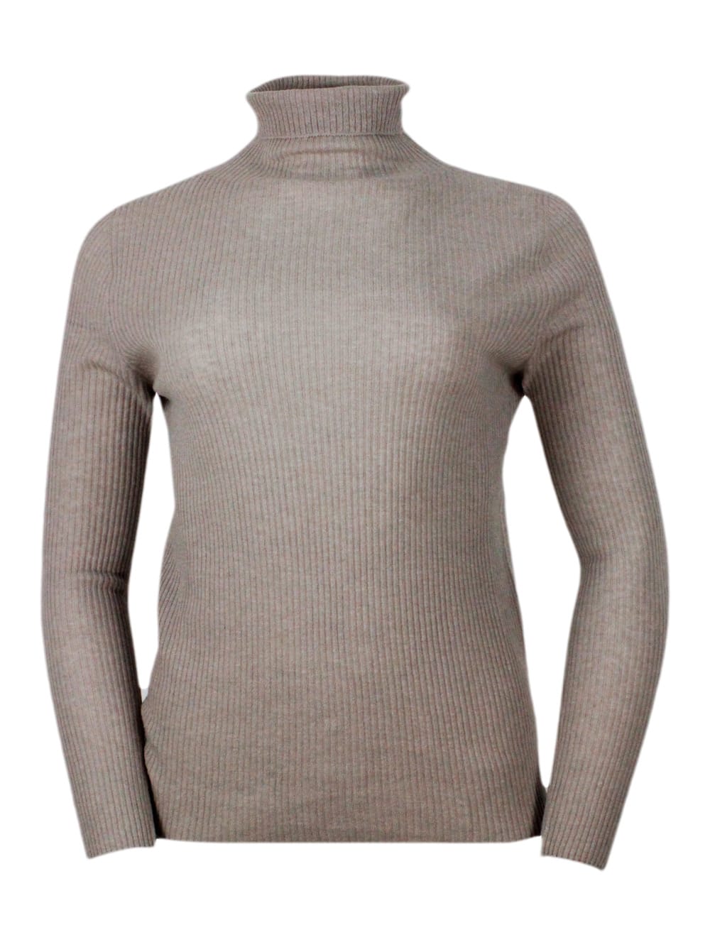 Lightweight Turtleneck Long-sleeved Sweater In Soft And Fine Wool, Silk And Cashmere With Small Rib Knit