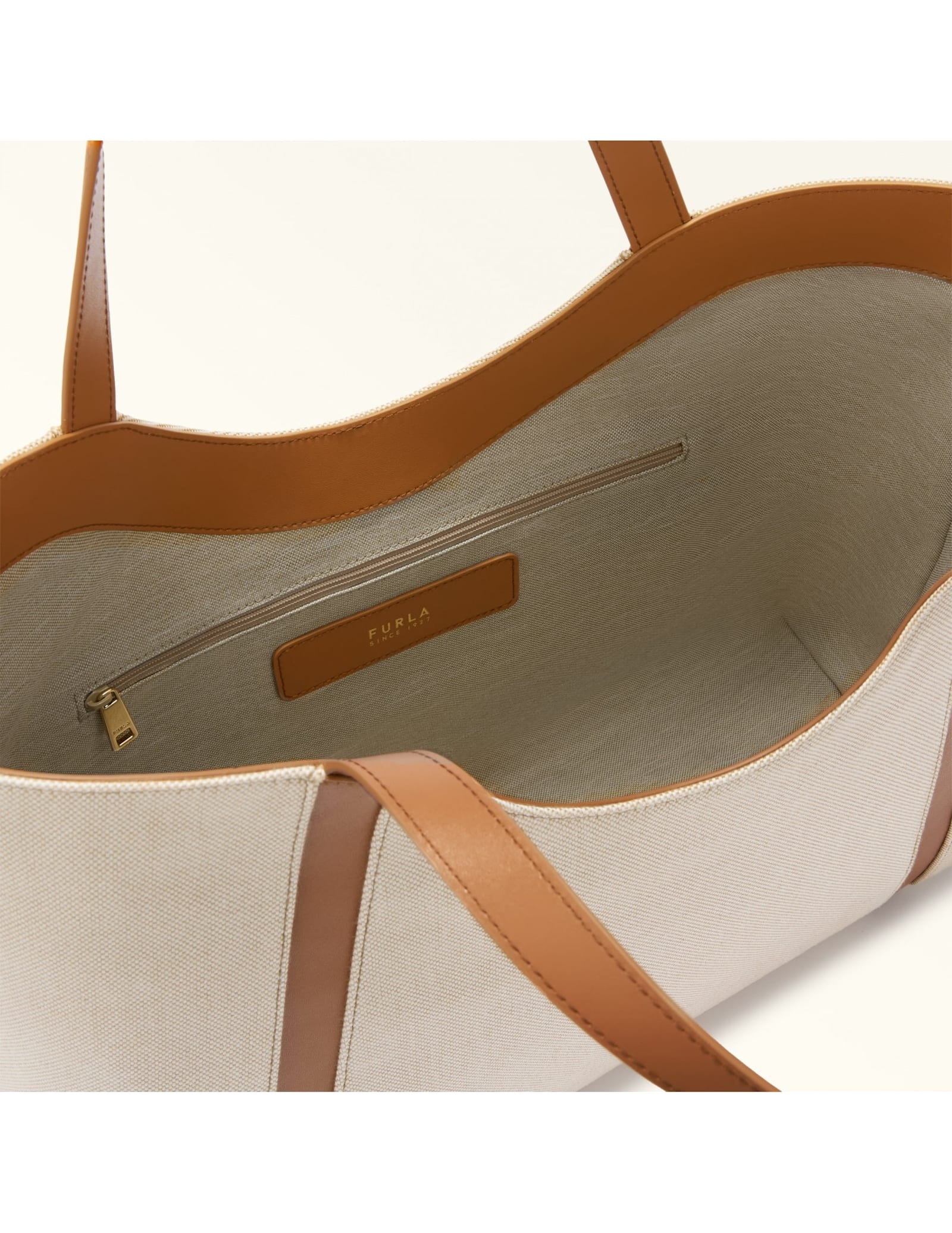 Furla Shopping Goccia Xl Hobo In Canvas And Leather In Natural/brandy