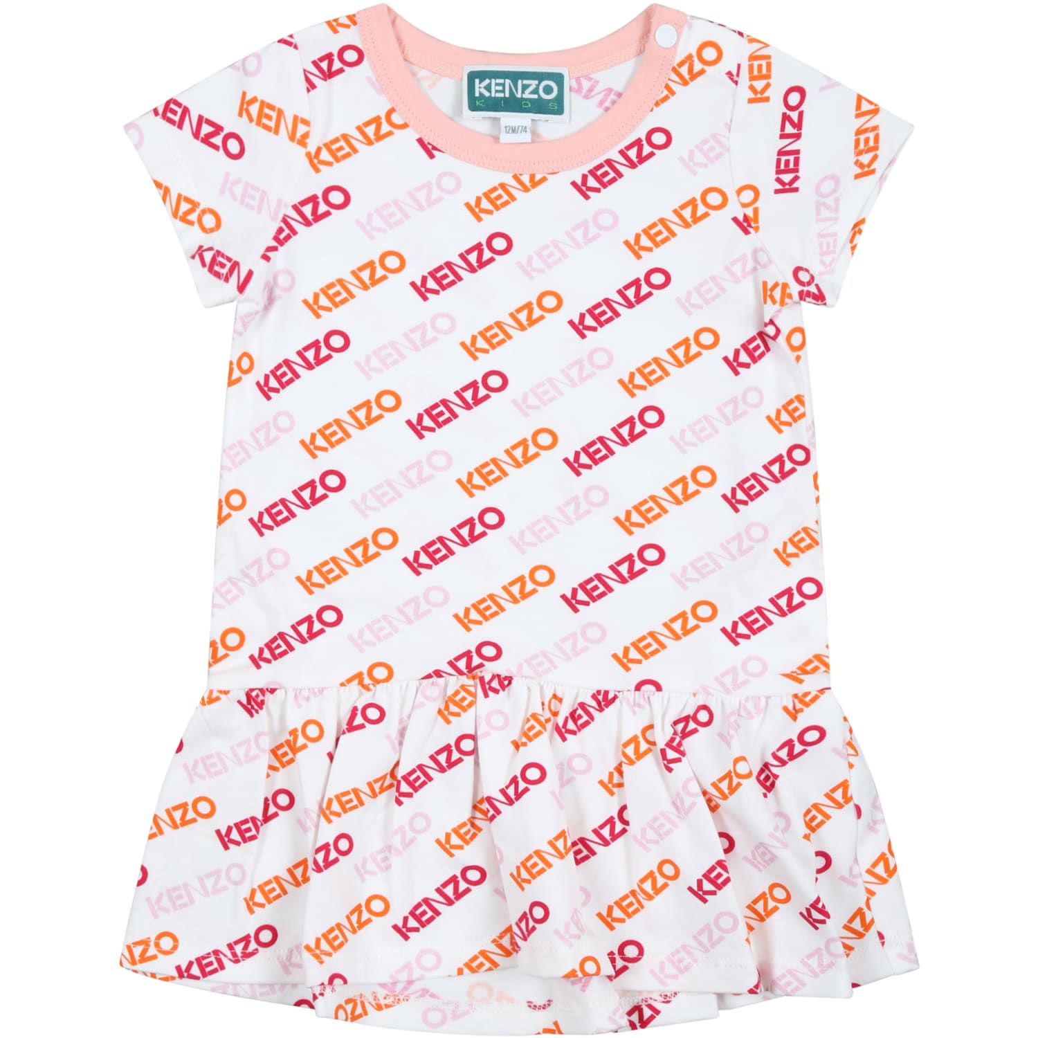 KENZO WHITE DRESS FOR BABY GIRL WITH LOGO