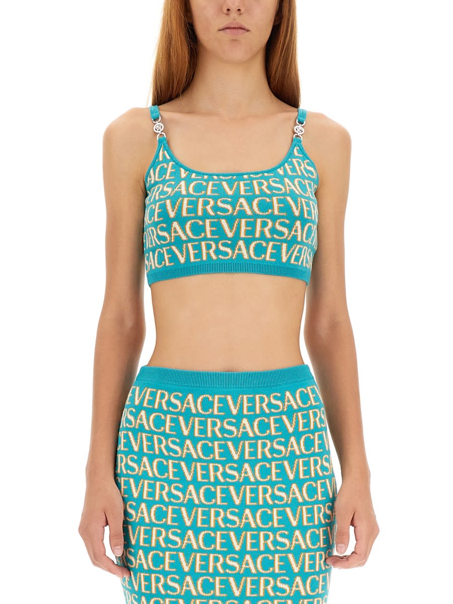 Shop Versace Short Knit Top In Azure