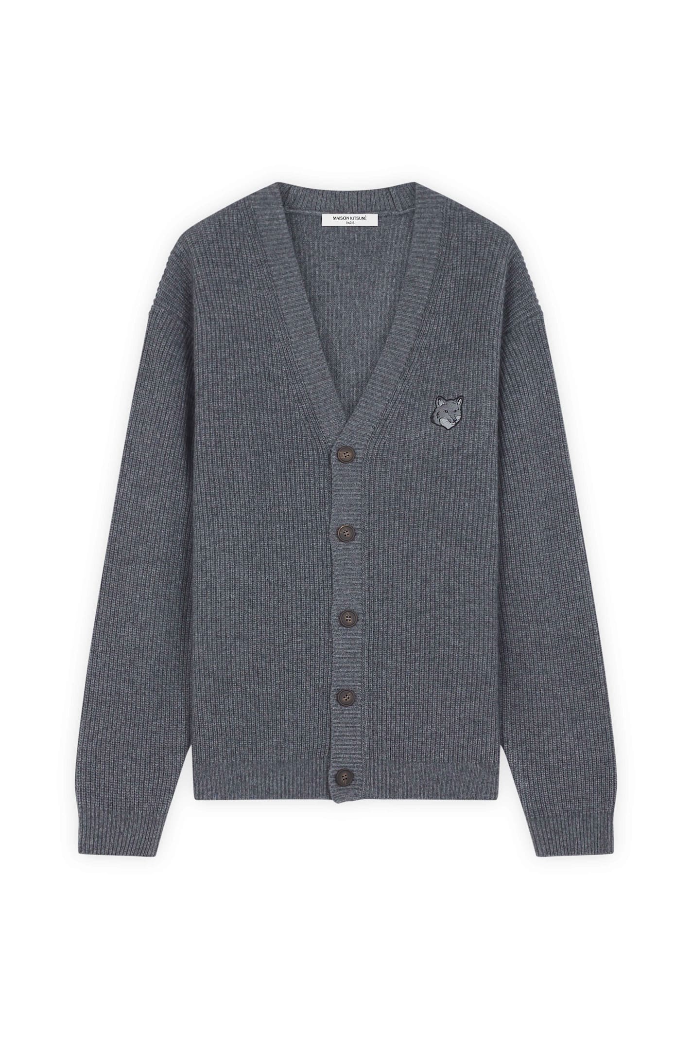 Shop Maison Kitsuné Bold Fox Head Patch Comfort Ribbed Cardigan In Medium Grey Melange