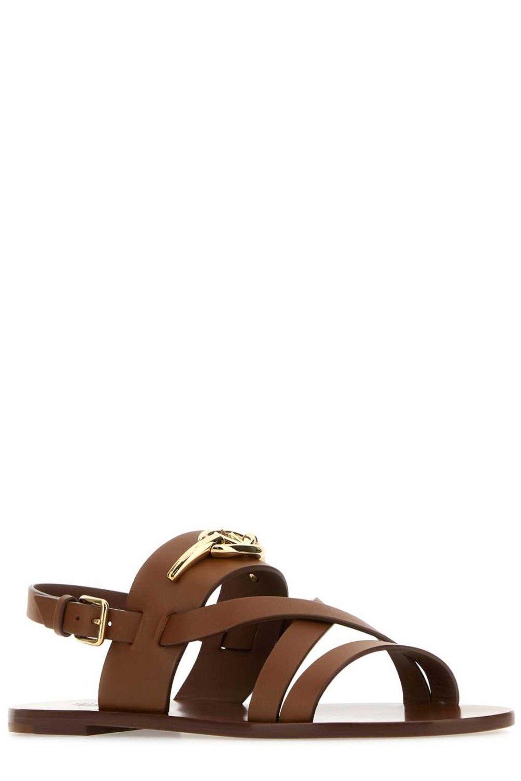 Shop Valentino Logo Plaque Open Toe Sandals In Brown