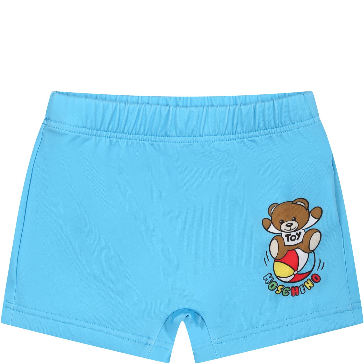 Moschino Light Blue Swimsuit For Baby Boy With Teddy Bear And Multicolor Logo