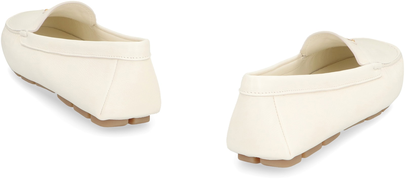 Shop Prada Logo Detail Leather Loafers In Ivory