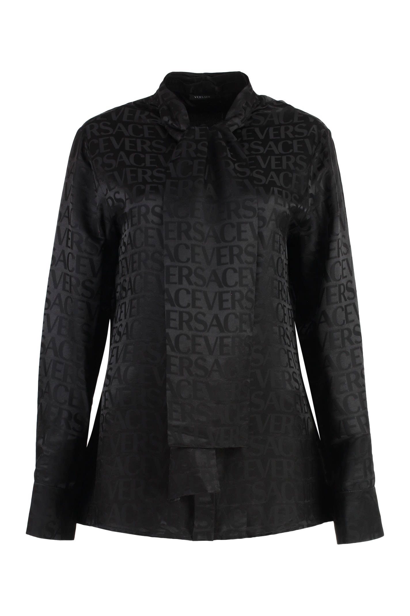 Shop Versace Printed Satin Blouse In Black